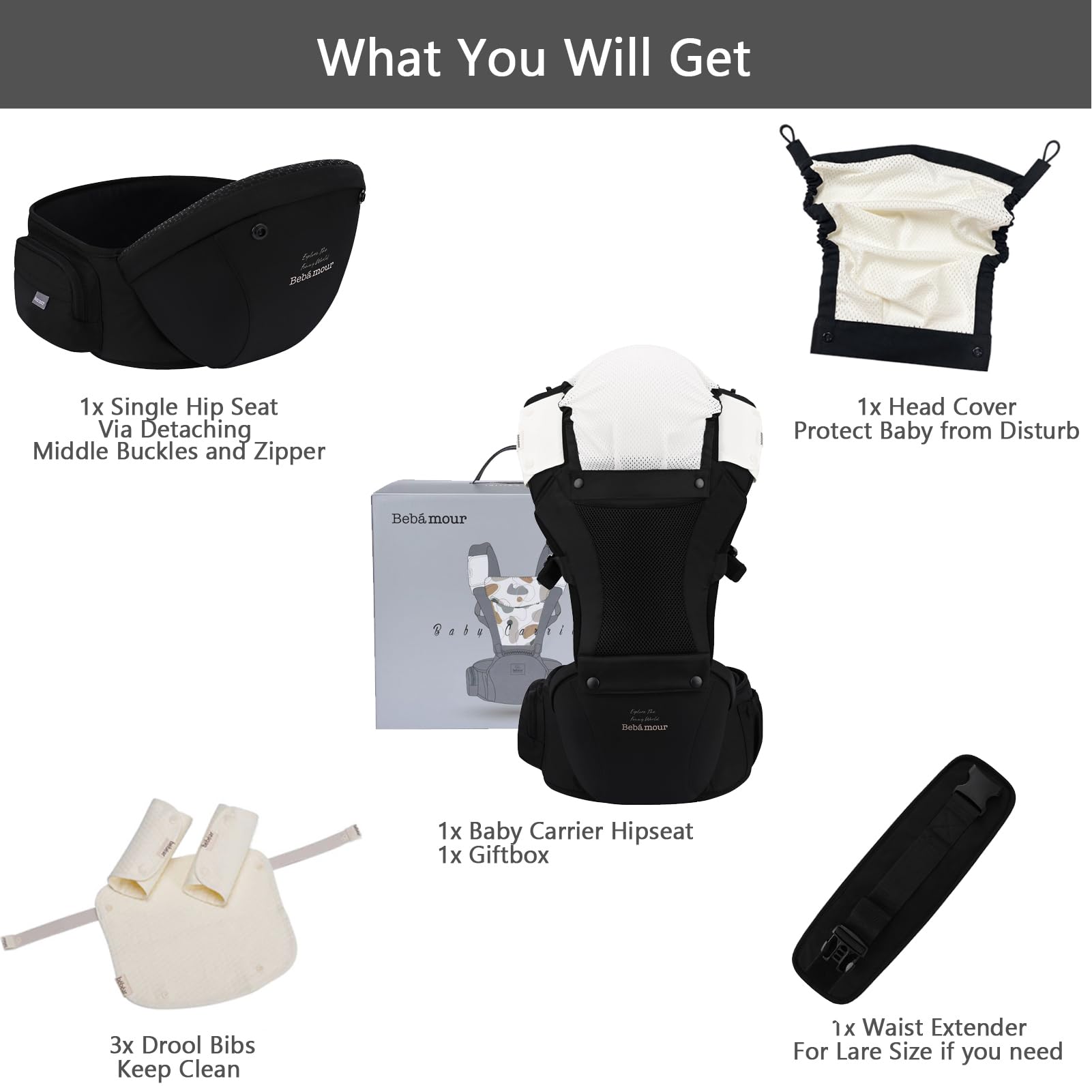 Bebear Marsupio,Bebamour Marsupio per 0-36 mesi, marsupio traspirante da neonato a bambino, approvato dagli standard di sicurezza, seggiolino ergonomico 6 in 1 anteriore,Cotton Black