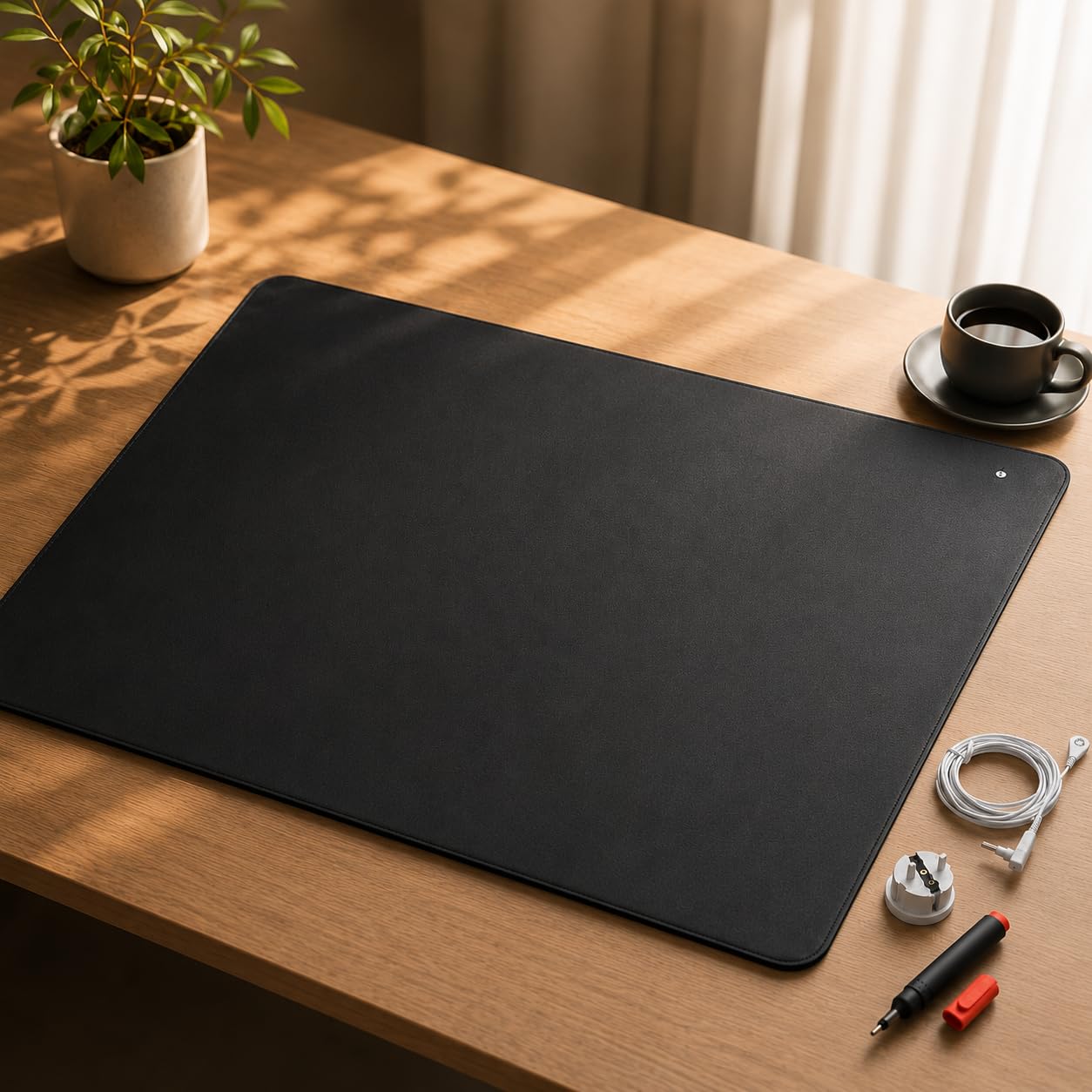 Elvari Erdungsmatte 60x90cm Grounding Mat mit 4m Erdungskabel 100k Ohm Widerstand CE 10A Geprüft Leitfähige Carbon PU Oberfläche Erdungsmatte für Bett Sofa Büro (60 x 90cm)