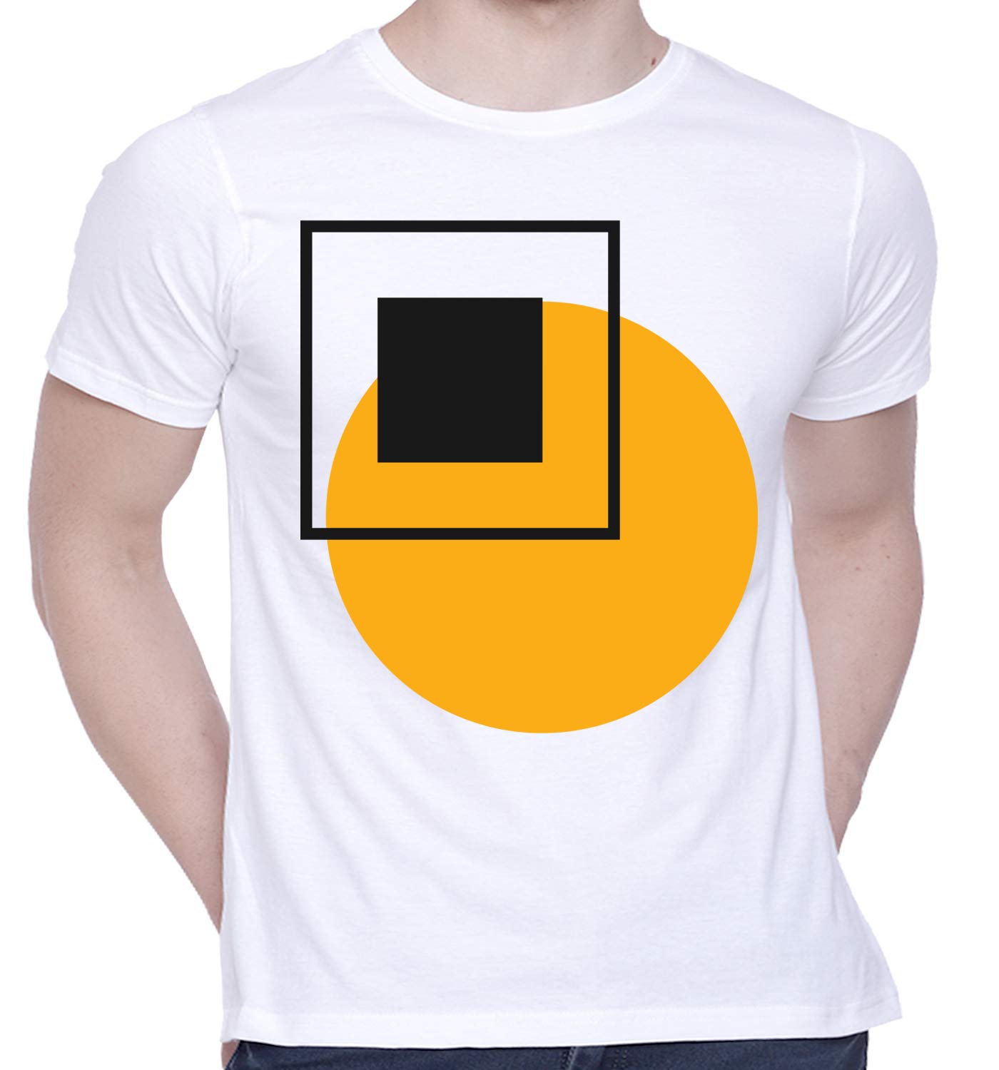 CreativiTGraphic Printed T-Shirt for Unisex Geometry with Black Squares and Yellow Circles Tshirt | Casual Half Sleeve Round Neck T-Shirt | 100% Cotton | D00665-98