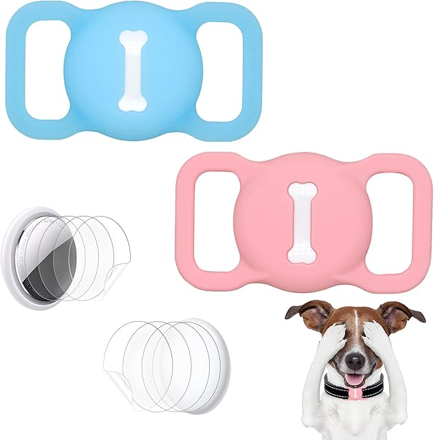 leQuiven 2 Pack AirTag Dog Collar Case, Airtag Pet Dog Cat Collar Locator Holder, GPS Finder Silicone Cover for Air Tag with 4 Pack HD Screen Protector for Airtags Case on Dog/Pet (Pink+Blue)
