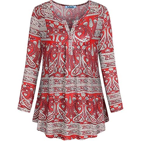 Fulbelle Women Plus Size Tunic Tops Henley V Neck Long Sleeve Loose Floral Shirt XL-4XL - - 8X-Large Cover