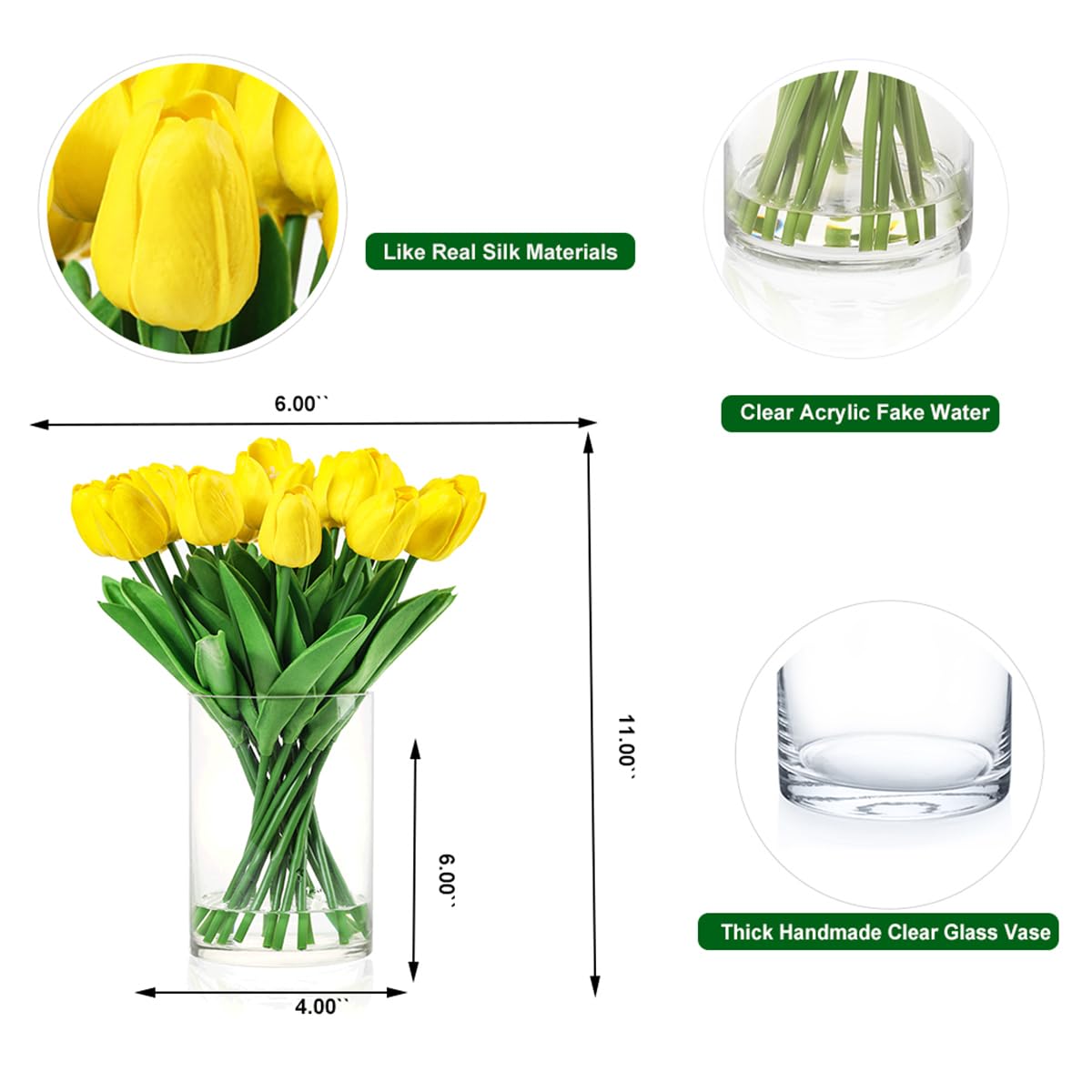 Künstliche Tulpen in Vase, künstliche Tulpen mit Vase und künstlichem Wasser, für Heimdekoration, Esstisch, Gelb, 20 Stück