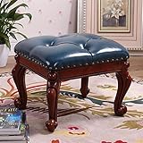 HM&DX Small Upholstered Footstool,Leather Footrest Stool with Button 4-Carved Wood Legs European Decor Sofa Coffee Table Stool -Blue