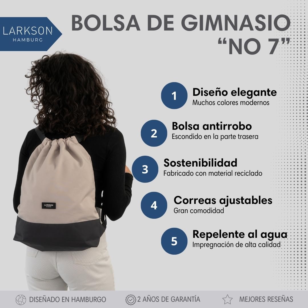 LARKSON Bolso de Deporte para Hombre y Mujer Beis Gris - No 7 - Bolsa para niños con Cordón - Mochila pequeña de tela para el Gimnasio - Material reciclado — view 2