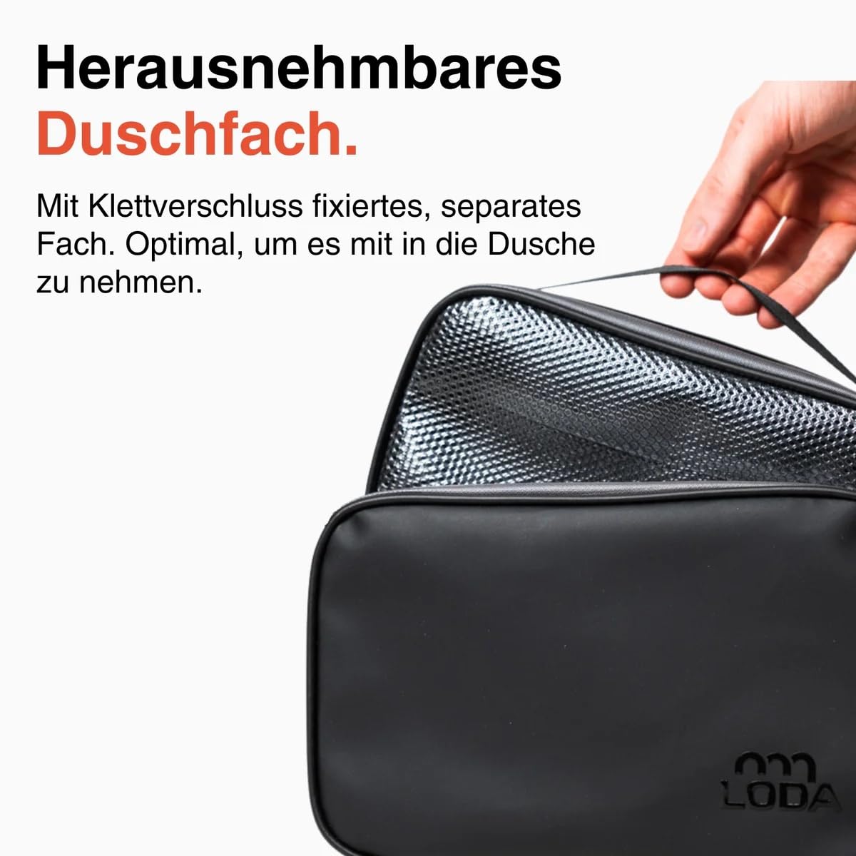 LODA Kulturbeutel 7L - Herausnehmbares Duschfach - Organisiertes Hauptfach | Wasserfestes Seitenfach – Integrierte Aufhängung – Aufklappbares Seitenfach – Spiegel – Hygienisches Zahnbürstenfach