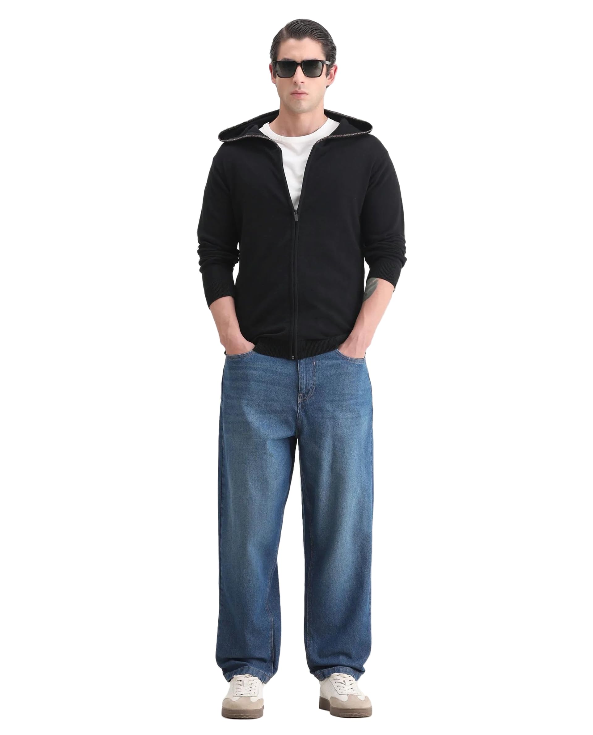 Men Regular Solid Black Cotton Hooded Zipper Jacket-image-2