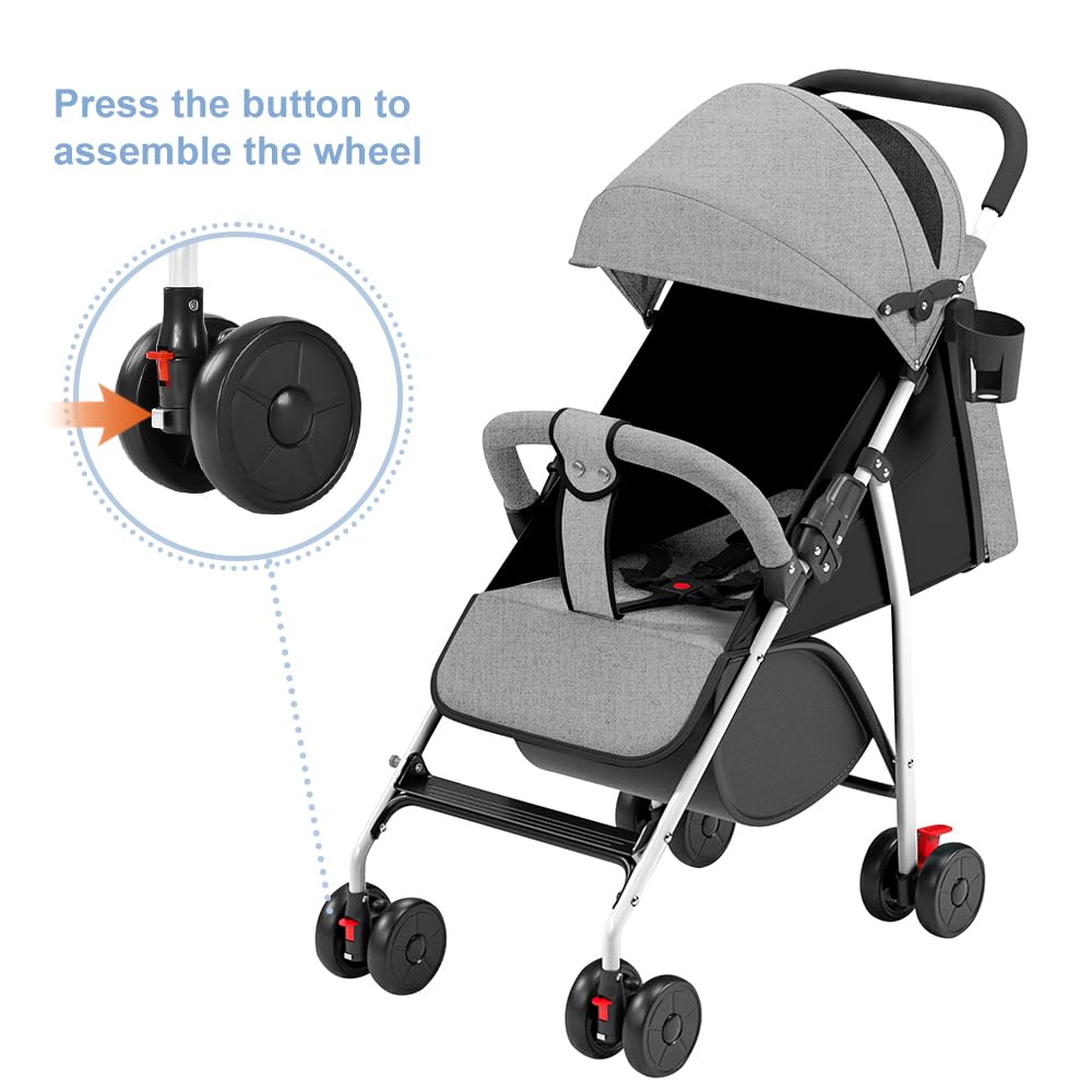 poussette canne compacte, 0 à 4 ans (30kg max), légère (4,8 kg), poussette canne bebe confort,pliable compacte et inclinable,avec coton, porte-gobelet, pare-soleil (Gris)