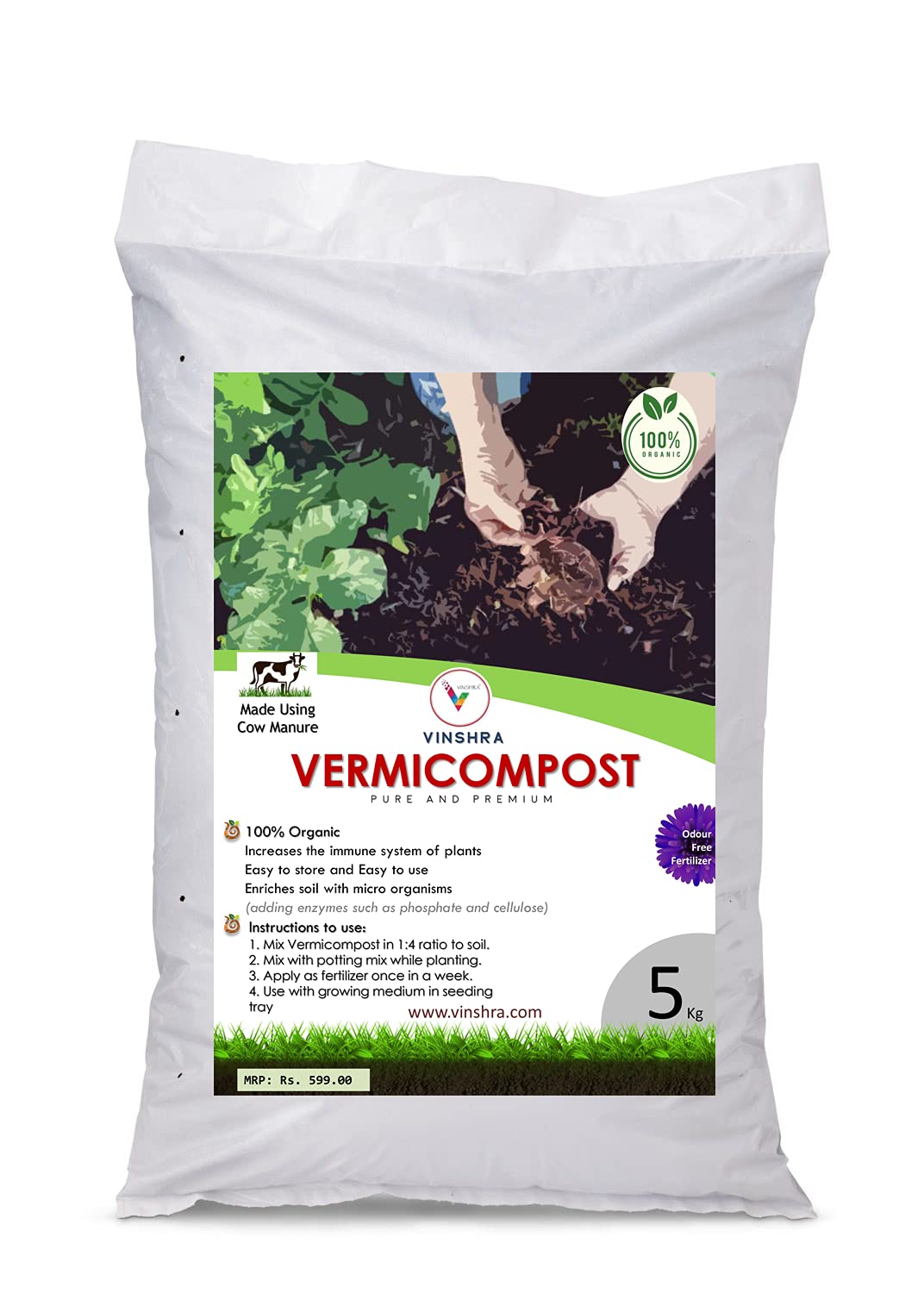 VINSHRA Vermicompost Cow Manure 100% Organic & Natural Plant Nutrient for Home Gardens and Potting Mix - 5 KG (B09BR7RRLV) Amazon Price History, Amazon Price Tracker