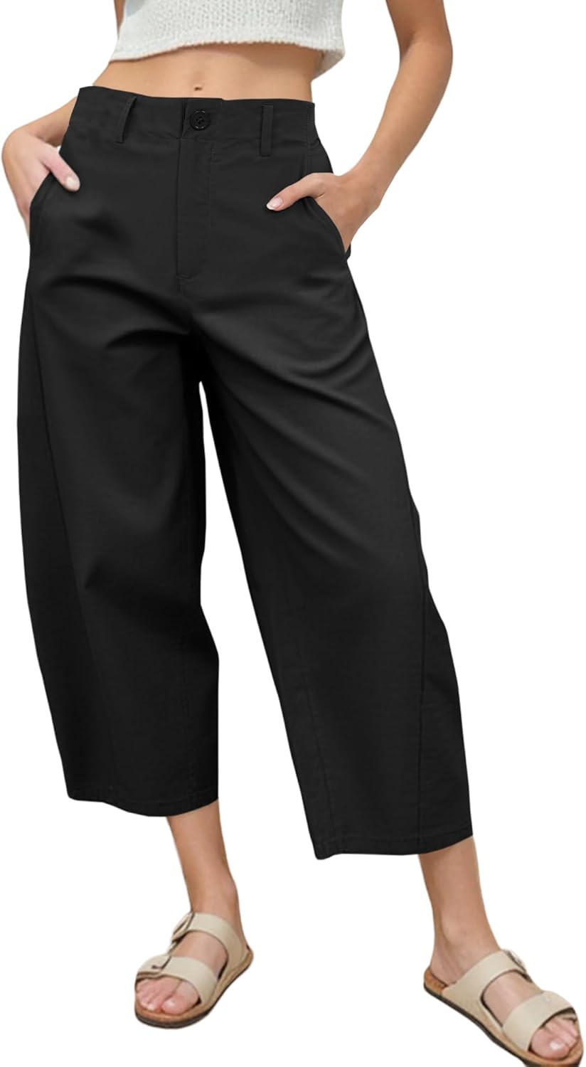 Women's Barrel Leg Pants Casual High Waisted Summer Baggy Harem Pants Trendy Elastic Waist Trousers with Pockets