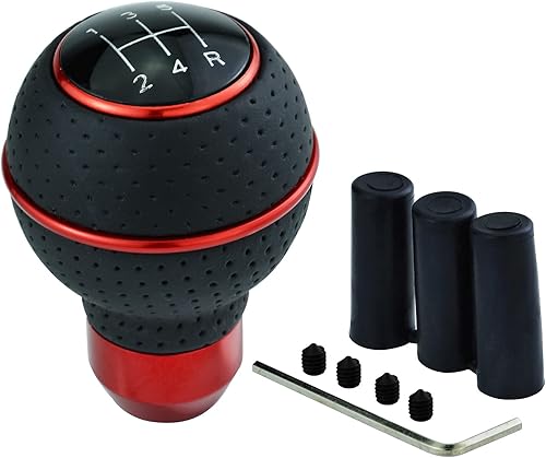 Temzzer Pomo de palanca de cambios rojo de cuero de 5 velocidades para la mayoría de vehículos automáticos manuales