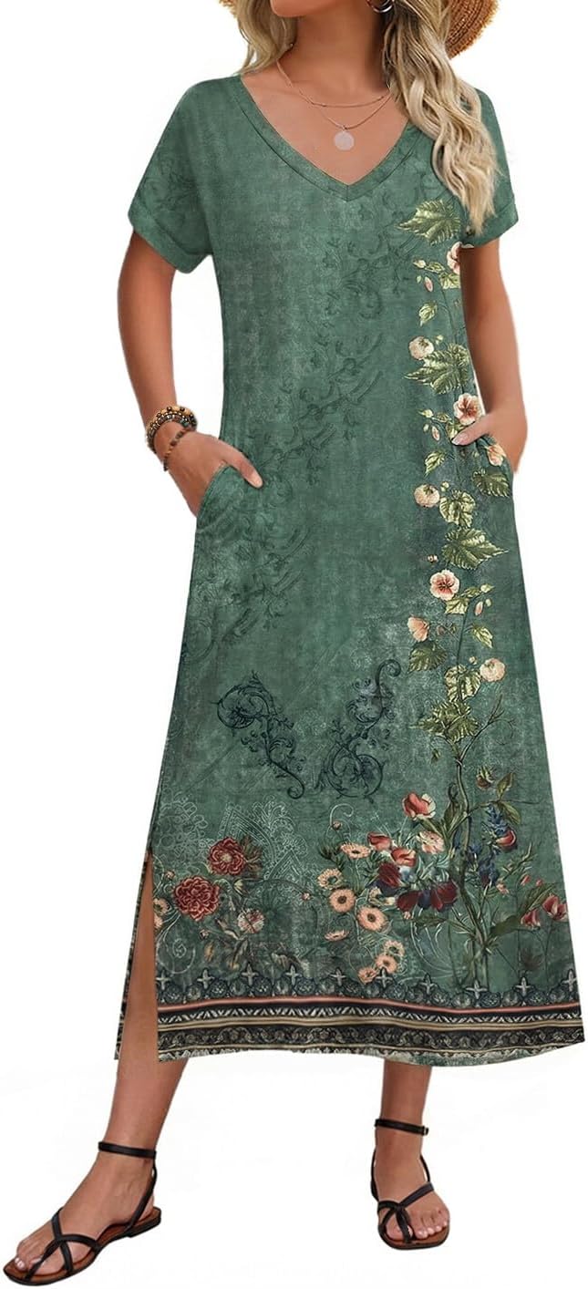 Zeagoo Women Summer Floral Dress Short Sleeve Beach Dress with Pockets Casual V-Neck Split Long T-Shirt Dress Travel Vacation