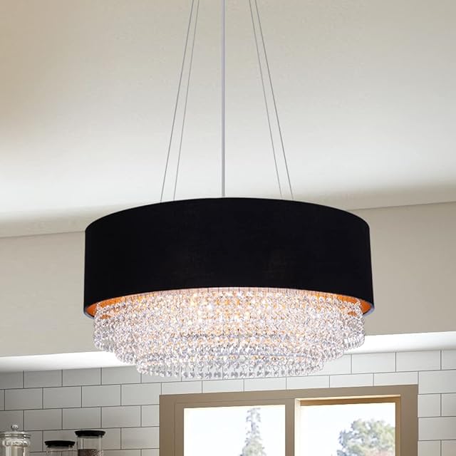 Wellmet Modern Black Drum Crystal Chandelier, 4 Light Crystal Black Gold Shade Chandelier Lighting Fixture for Living Room, Bedroom, Dining Room, Foyer, Entryway, Store, 21.65''W