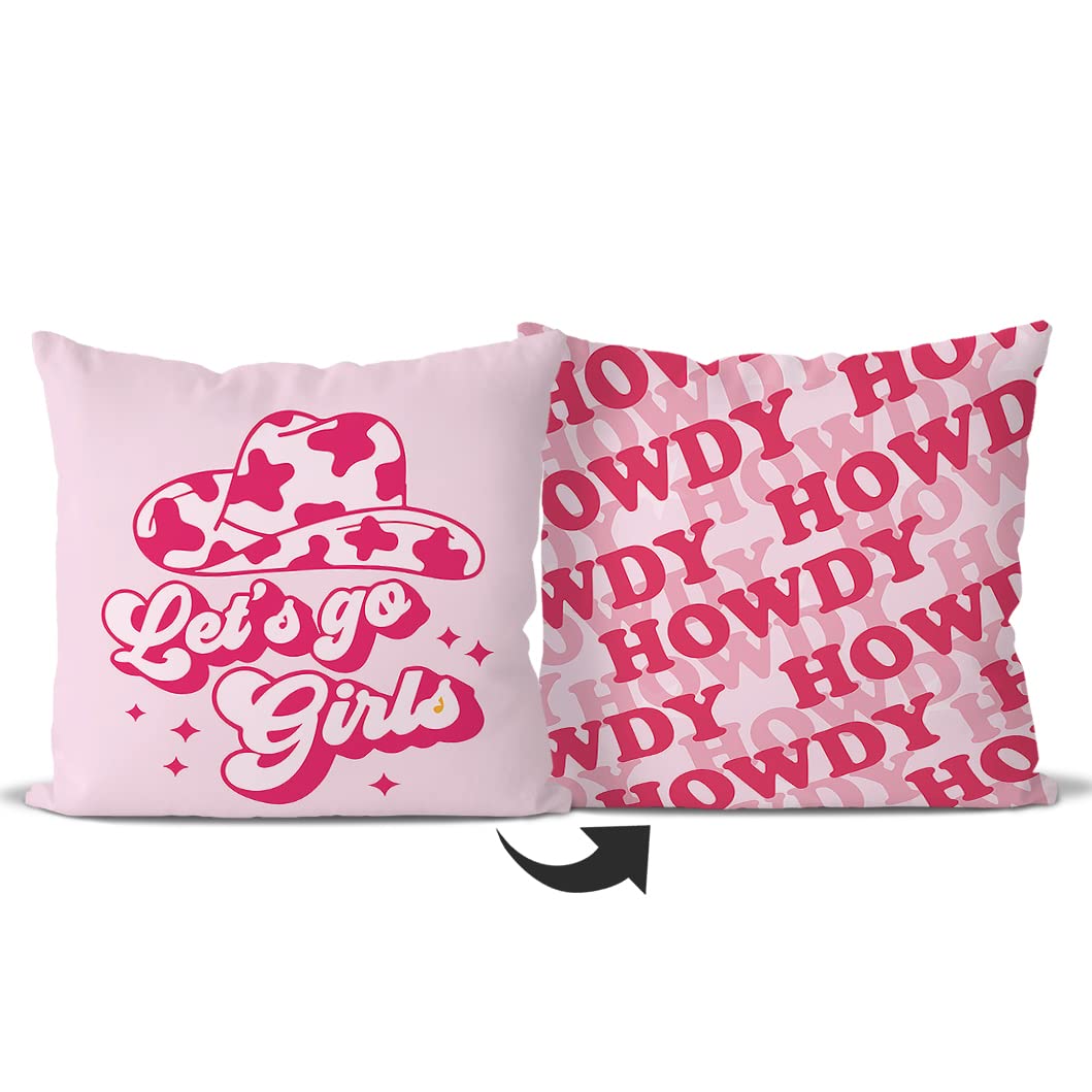 Let's Go Girls Cowgirl Hat Howdy Reversible Throw Pillow Covers,Bedroom Living Room Girls Room College Dorm Decor Hot Pink Preppy Pillow Case,Teen Girls Women Cowgirls Gifts,18x18 Inch Pillowcase
