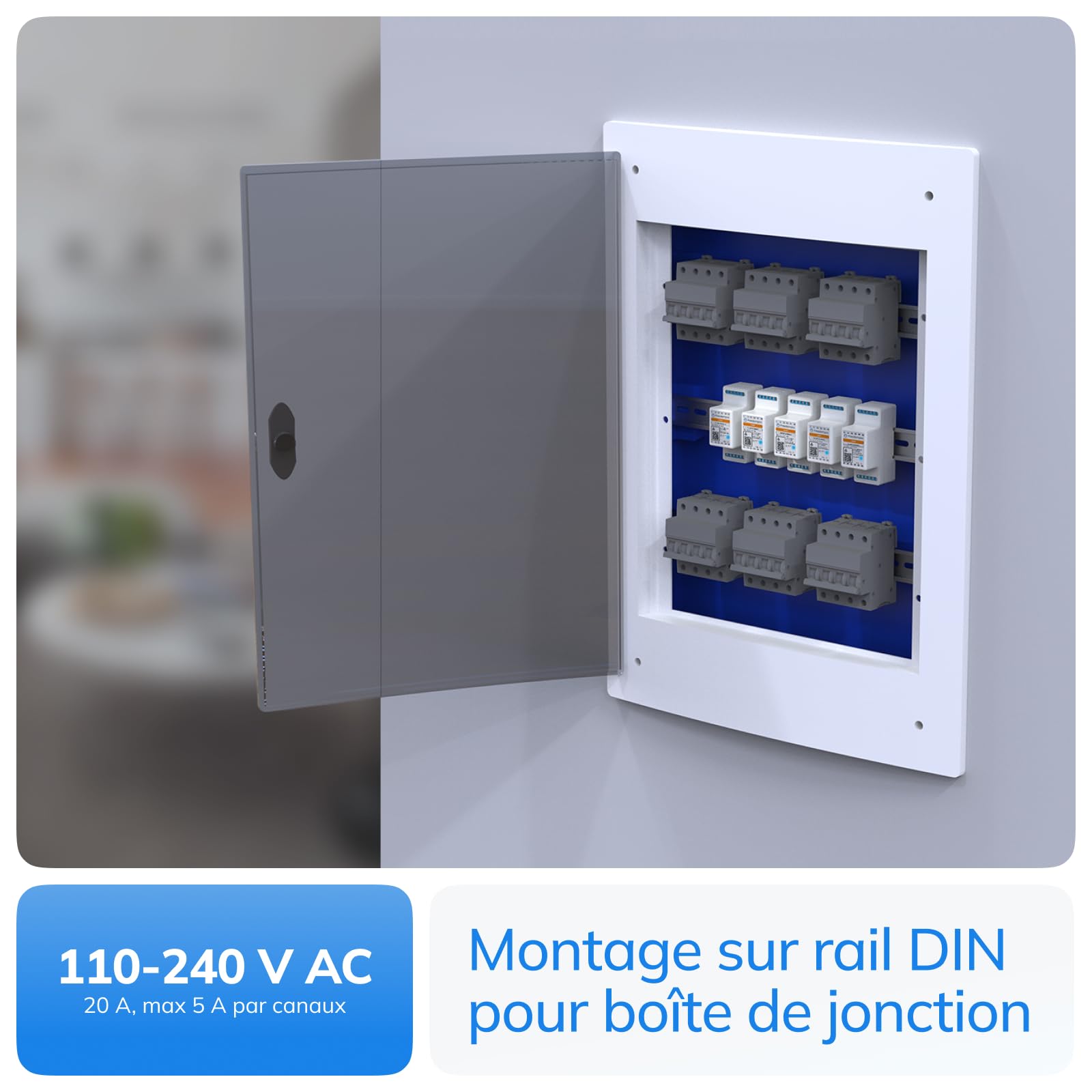 interrupteur Wi-Fi intelligent pour 4 lampes et éclairage. Module relais DIN H pour maison connectée compatible avec Matter, Apple HomeKit, Alexa, Google, 110-240 V 5 A, Panneau èlectrique