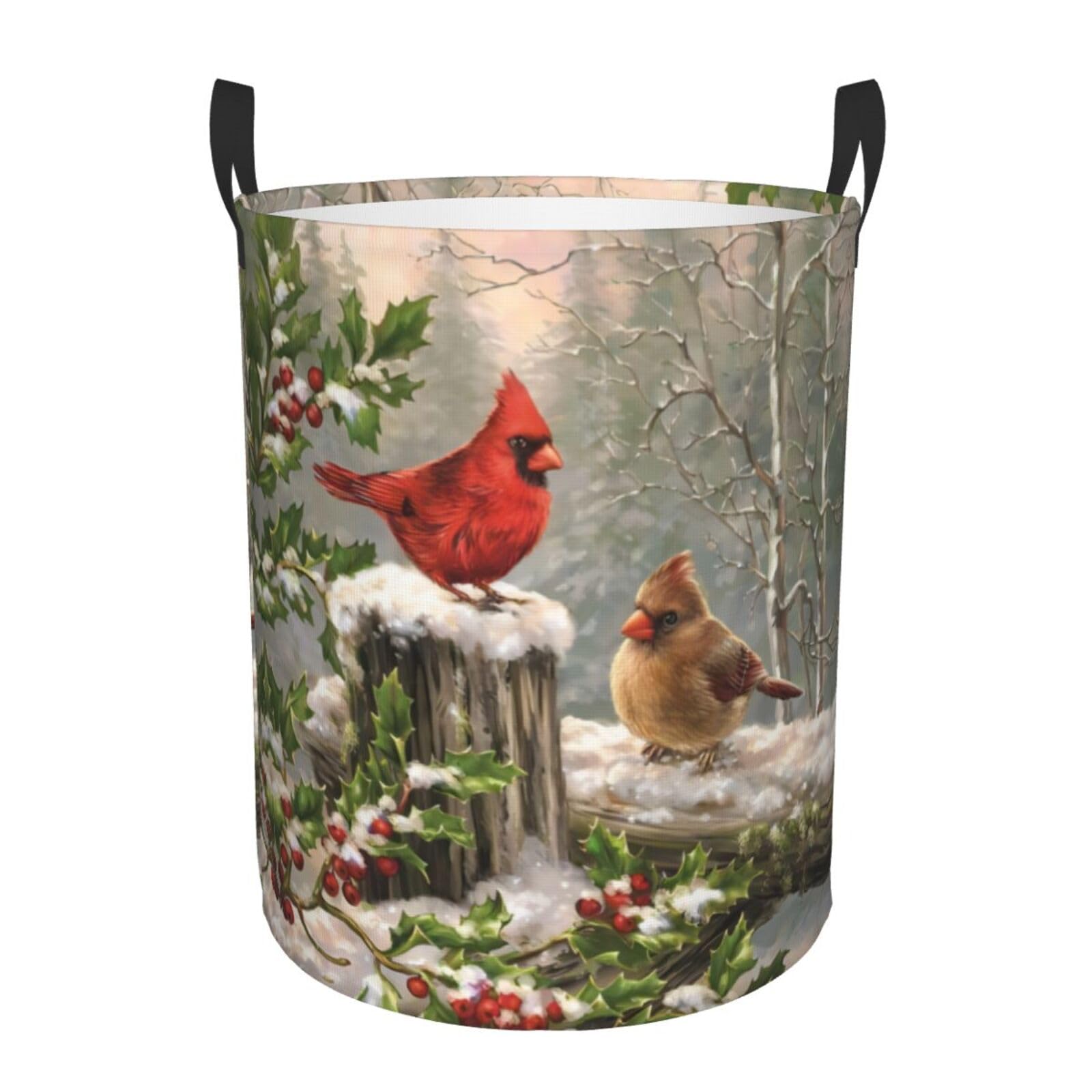 S Circular Hamper Red Bird Holly Berry Branches Print for Dirty Clothes