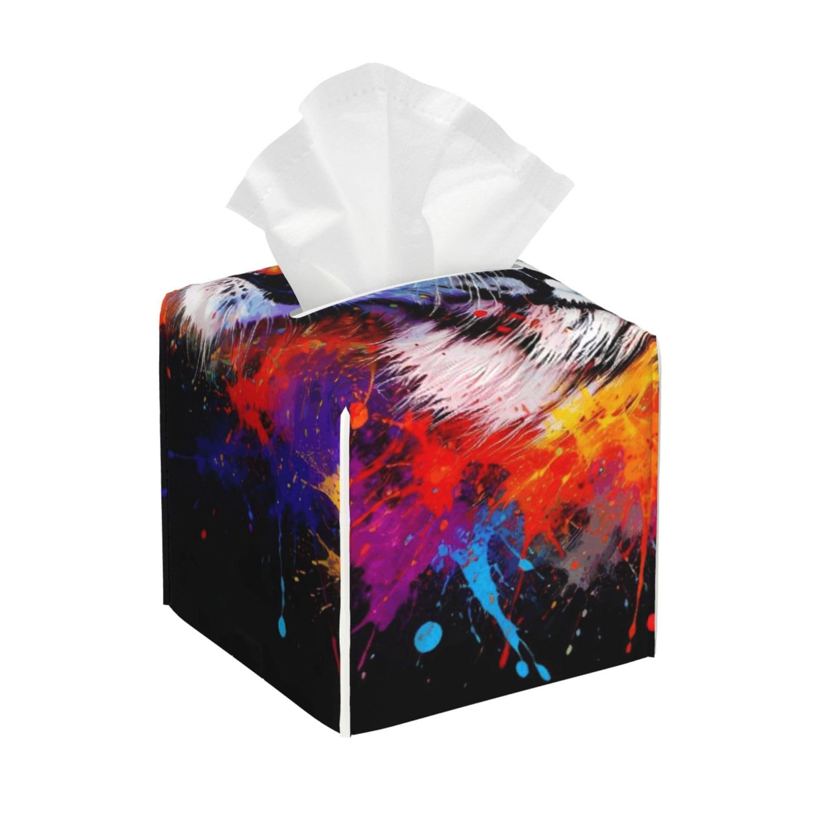 Colorful Splash Ink King of Tiger Art Leather Tissue Box Cover Holder Square Facial Paper Organizer 5.2" X 5.2" X 5.2"