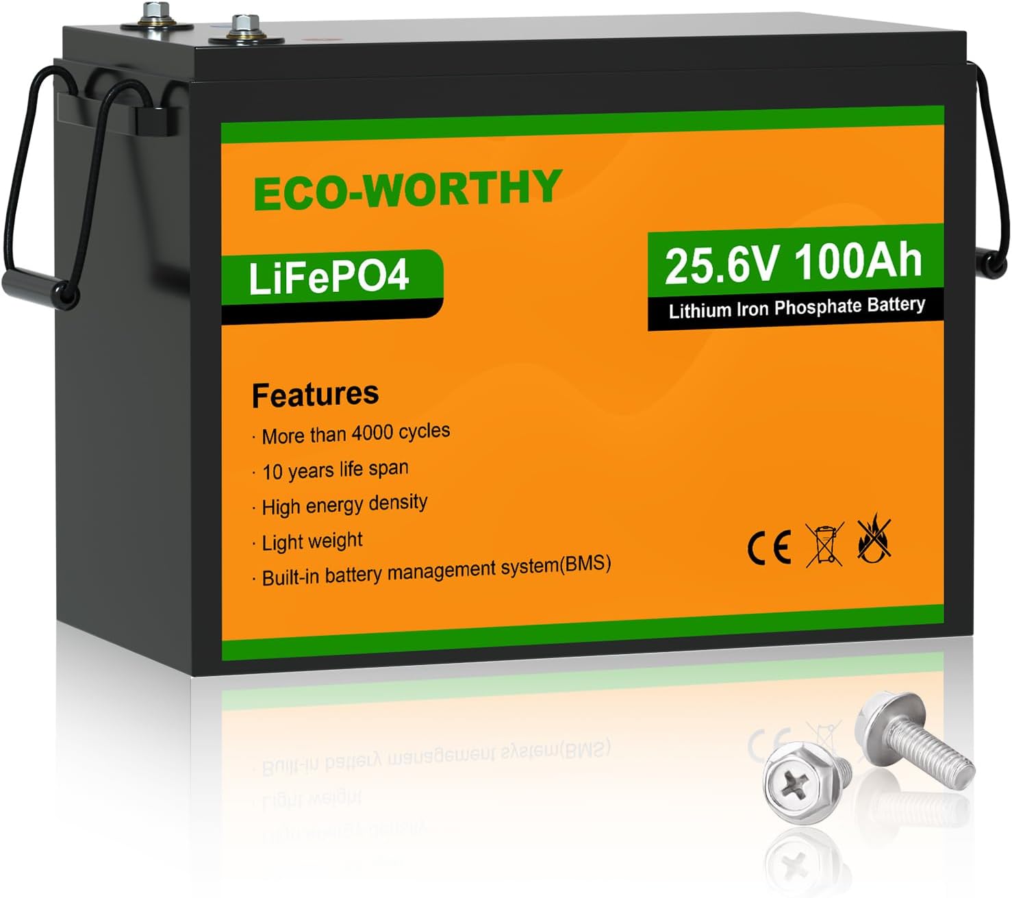 ECO-WORTHY 24V 100AH LiFePO4 Battery,Built-in BMS,4000-15000 Deep Cycles Lithium Rechargeable Battery,for Motorhome,Boat,Household,Off Grid System