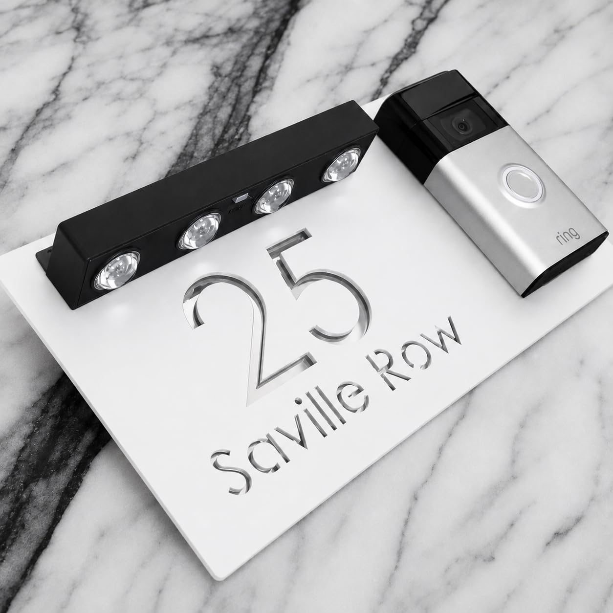 K Smart Sign | Bellissima LED DOORBELL F31 | Contemporary Customised House Video Doorbell Solar LED Signs 3d Door Numbers Street Address Number Plaques | 300mm x 160mm (Matt White & Silver Mirror)