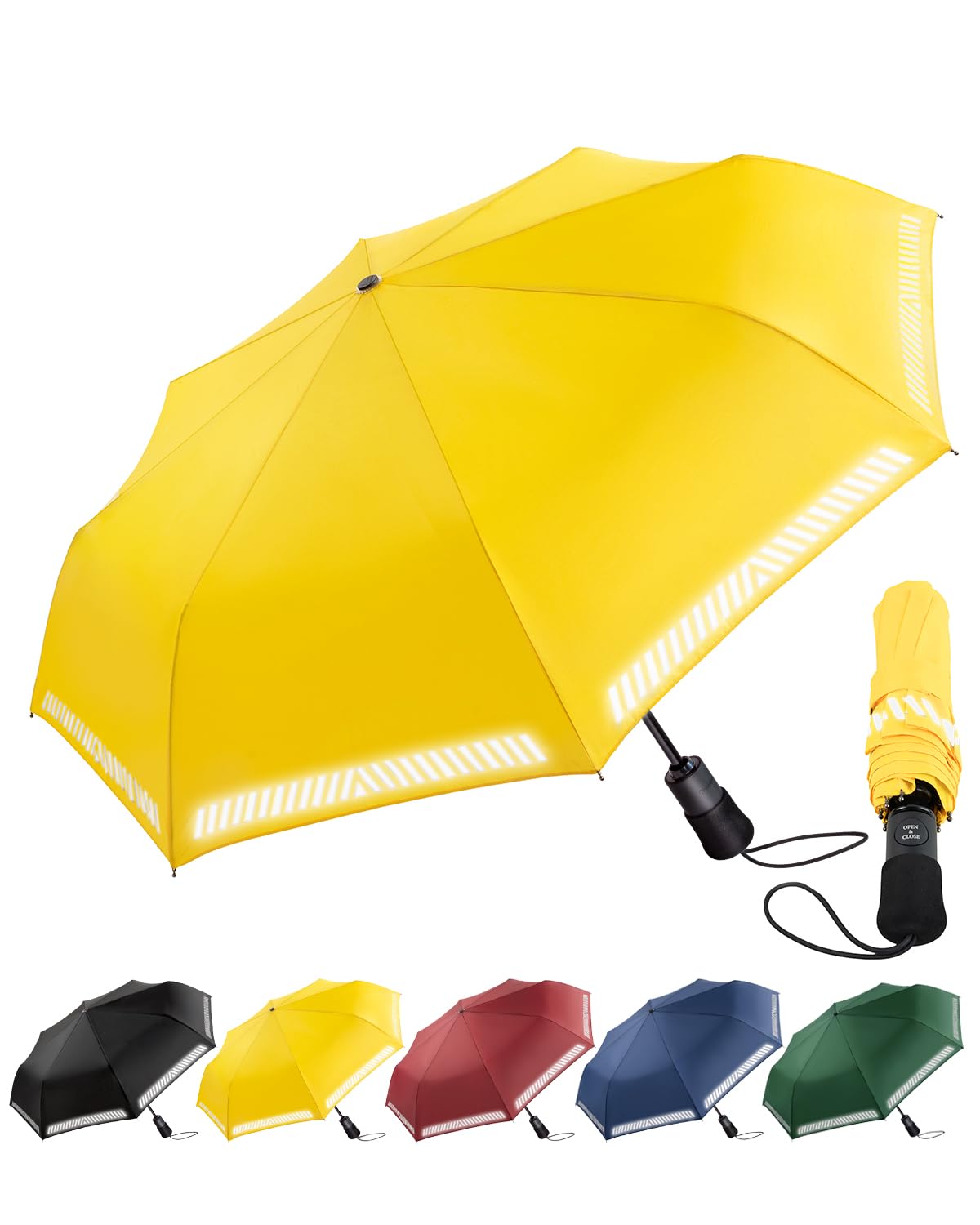 Chakipee Regenschirm Sturmfest Taschenschirm mit Reflexstreifen Umbrella Kompakter Reise Winddichter Automatik Auf und Zu Vordach 8 Rippen für Herren Damen Kinder