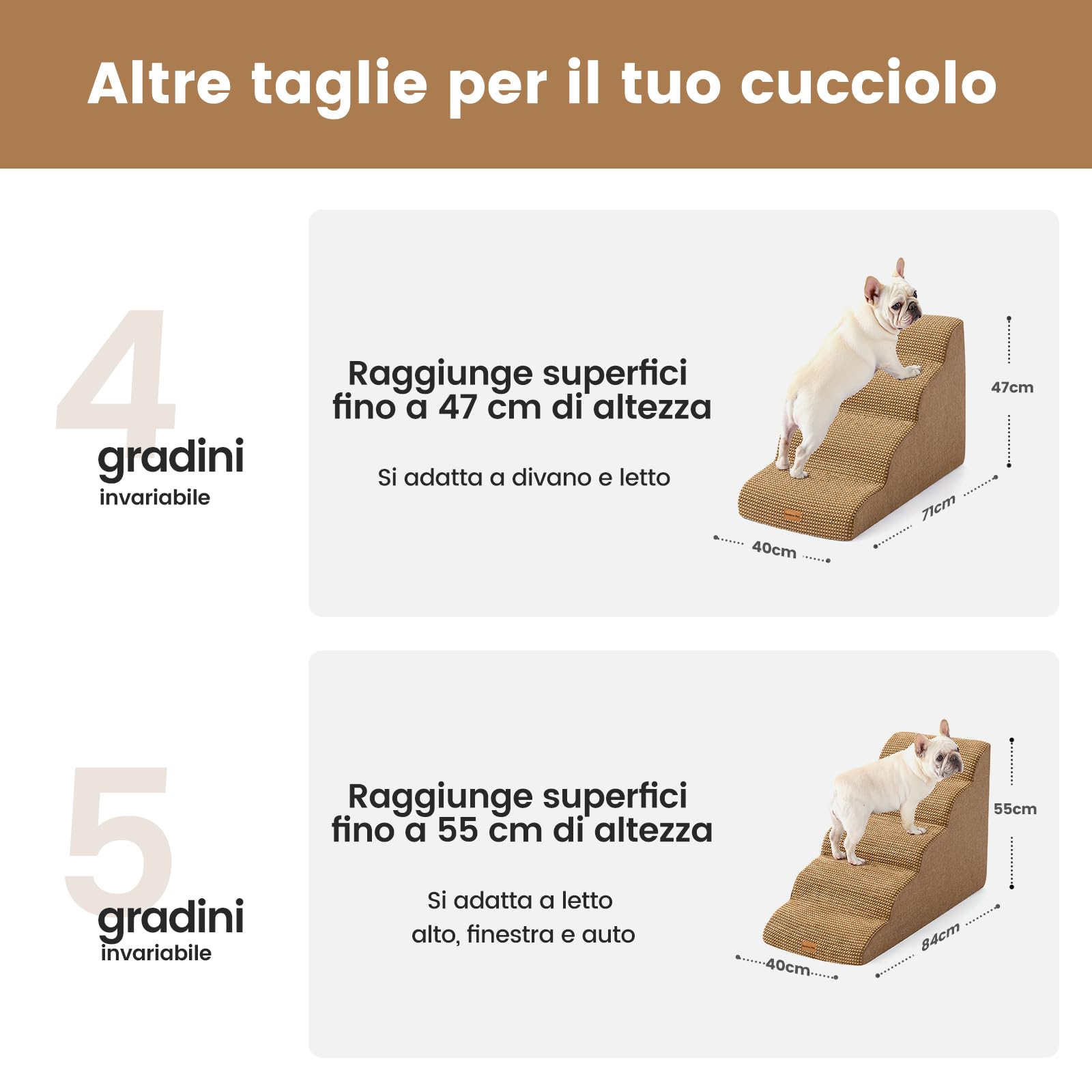 Gardner Pet Scala per Cani Piccoli 5 Gradini, Scaletta per Cani Lavabile Alta 55 cm, Rampina in Schiuma con Rivestimento Antiscivolo e Impermeabile per Letto, Divano e Auto, Marrone