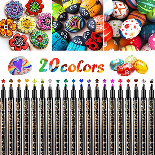 Emooqi Marqueur Métallique Pens, Marqueur Stylos Permanents 20 Couleurs Marqueurs Peinture Brillantes Marqueurs Métalliques pour Toile et Pierres & DIY Fonctionne sur Presque Toutes Les Surfaces