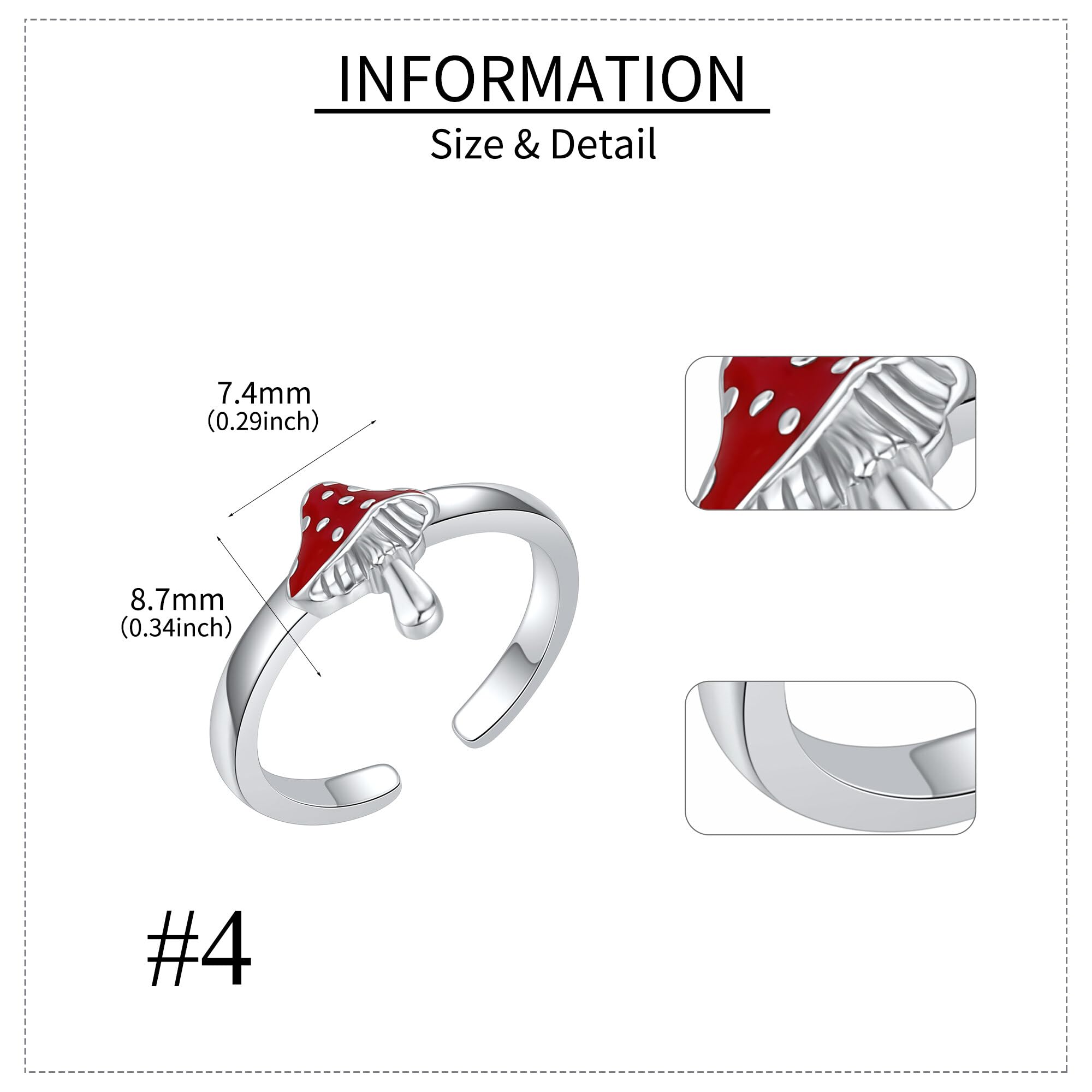 Fungo, anello per dita dei piedi, in argento Sterling con fungo rosso, regolabile, colore rosa, magico, per le donne, Argento sterling, Nessuna pietra preziosa