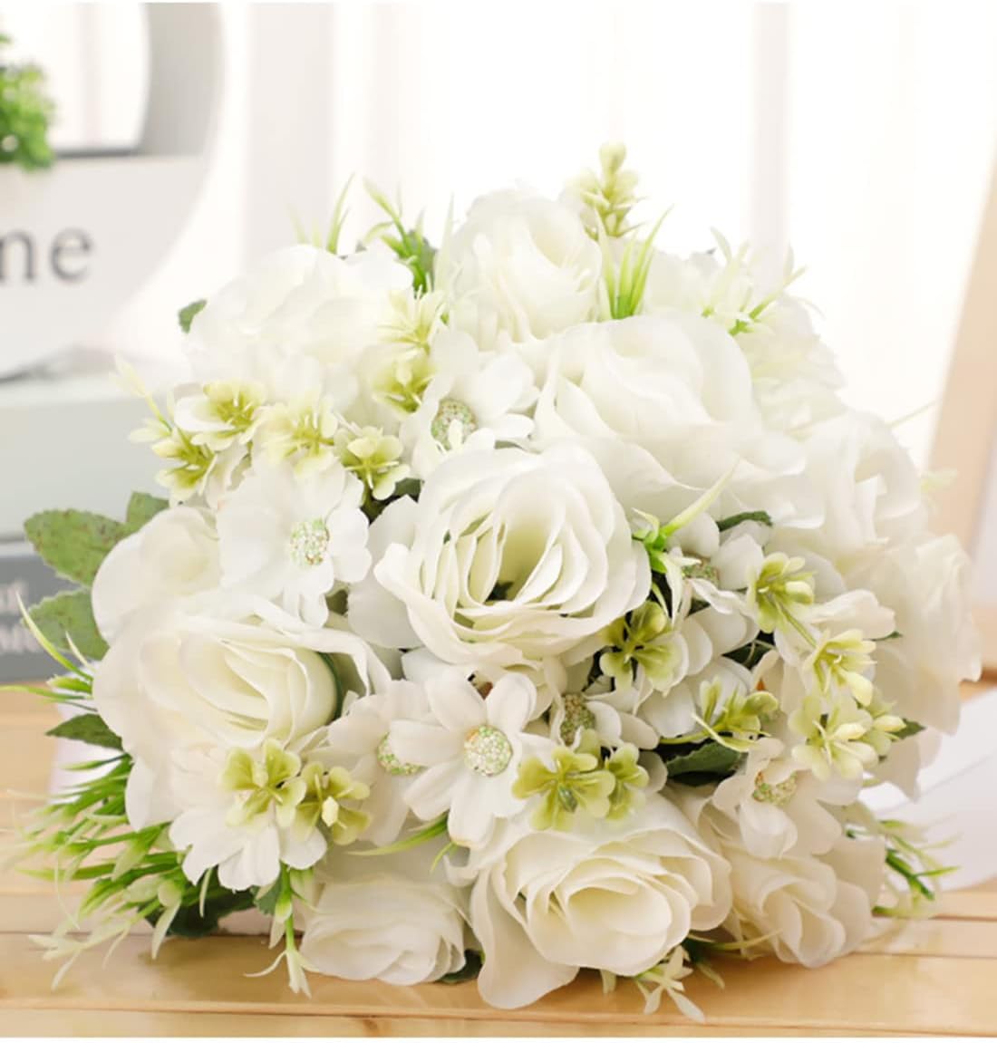 CYANLUX Wedding Bouquets for Bride Bridesmaid Bouquet Champagne White Artificial Roses Flowers for Wedding Valentine's Day Church Home Decoration (White)… - Image 6