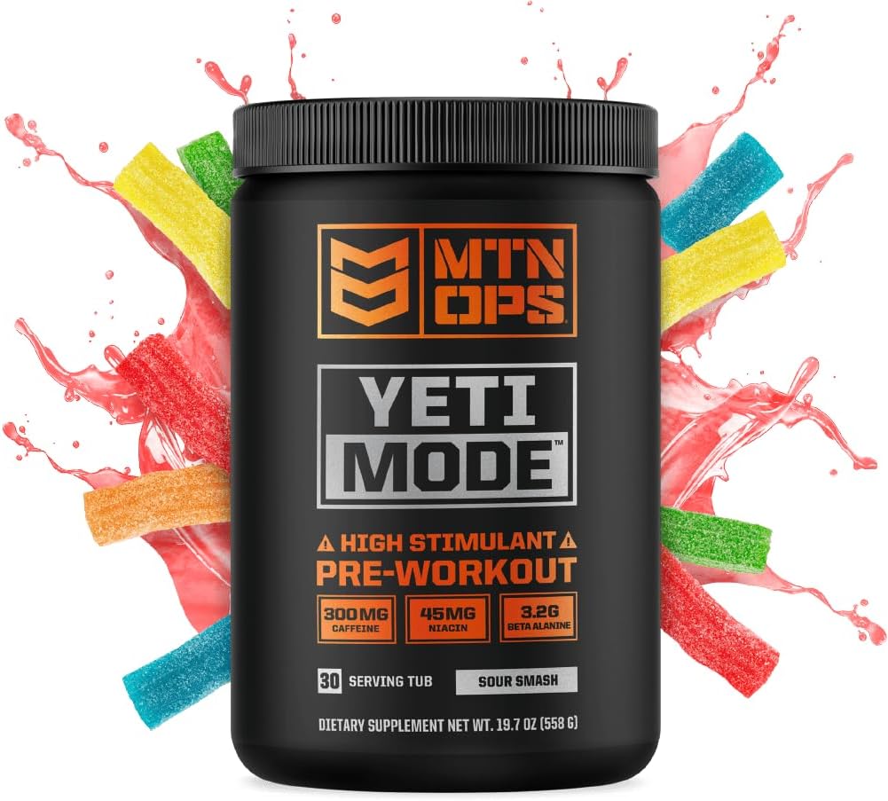 Yeti Mode Pre-Workout Powder - Explosive High-Stimulant with 300mg Caffeine, Creatine Monohydrate, Beta-Alanine, and 45mg Niacin - Sour Smash Flavor in 30 Serving Tub