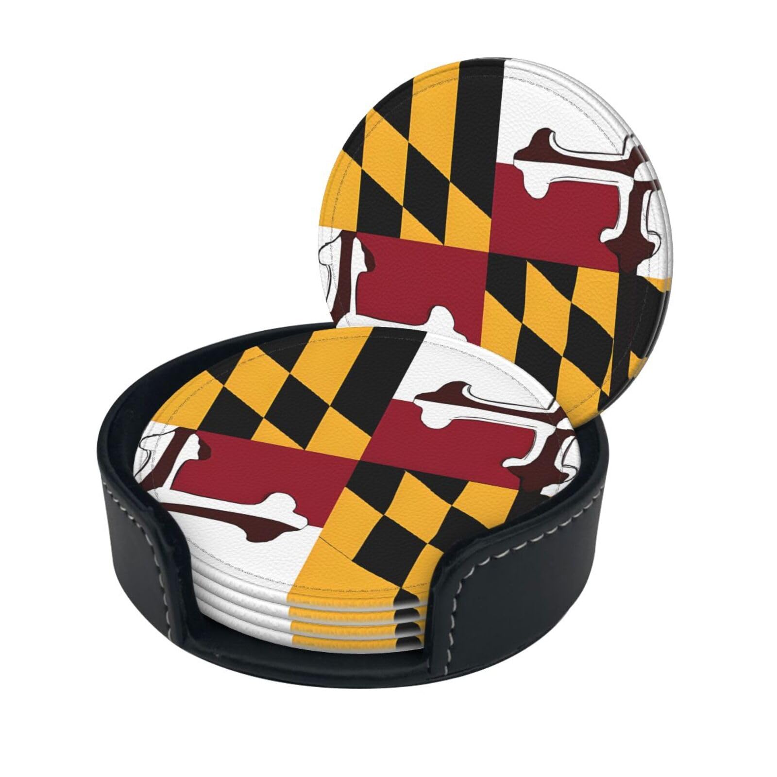 Flag of Maryland Print Coaster,Round Leather Coasters with Storage Box for Wine Mugs,Cold Drinks and Cups Tabletop Protection (6 Piece)