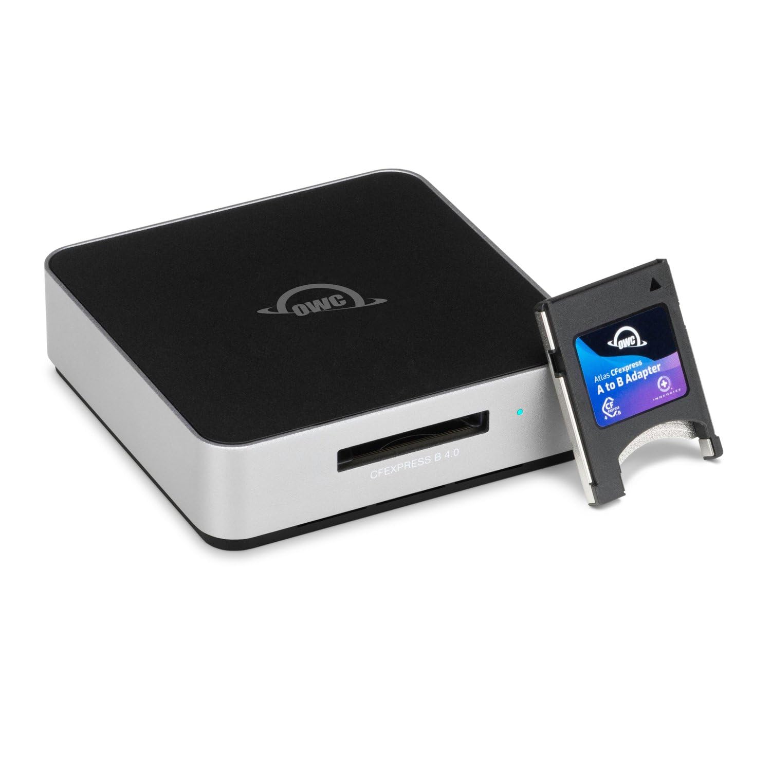 owc atlas usb4 cfexpress 4.0 type b card reader, 40gb/s usb4 (usb-c) port, bus powered via a usb-c host port, up to 5000mb/s real-world speed, usb-c cable included