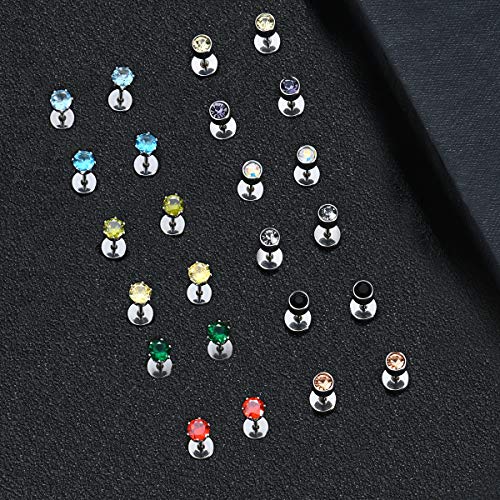Tornito 20G 18 Pairs Stainless Steel Multicolor CZ Stud Earrings Set Piercing Cartilage Helix Earrings Set Screwback for Women 3MM-5MM4