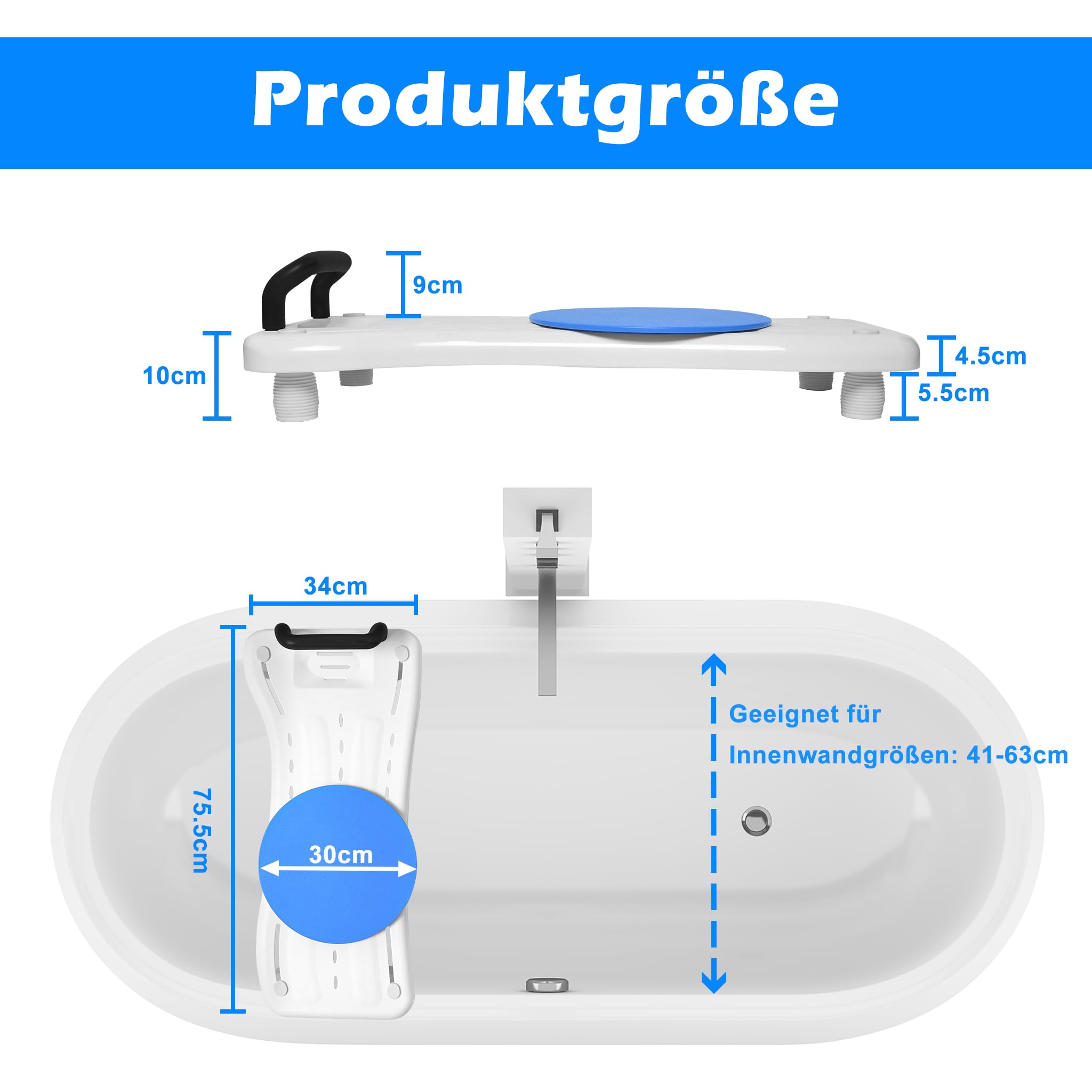 UISEBRT Badewannenbrett mit Drehscheibe Badewannensitz Senioren, Sitzbrett für Badewanne, Wannensitz mit Griff und Seifenablage, Länge 70 cm, Weiß und Schwarz