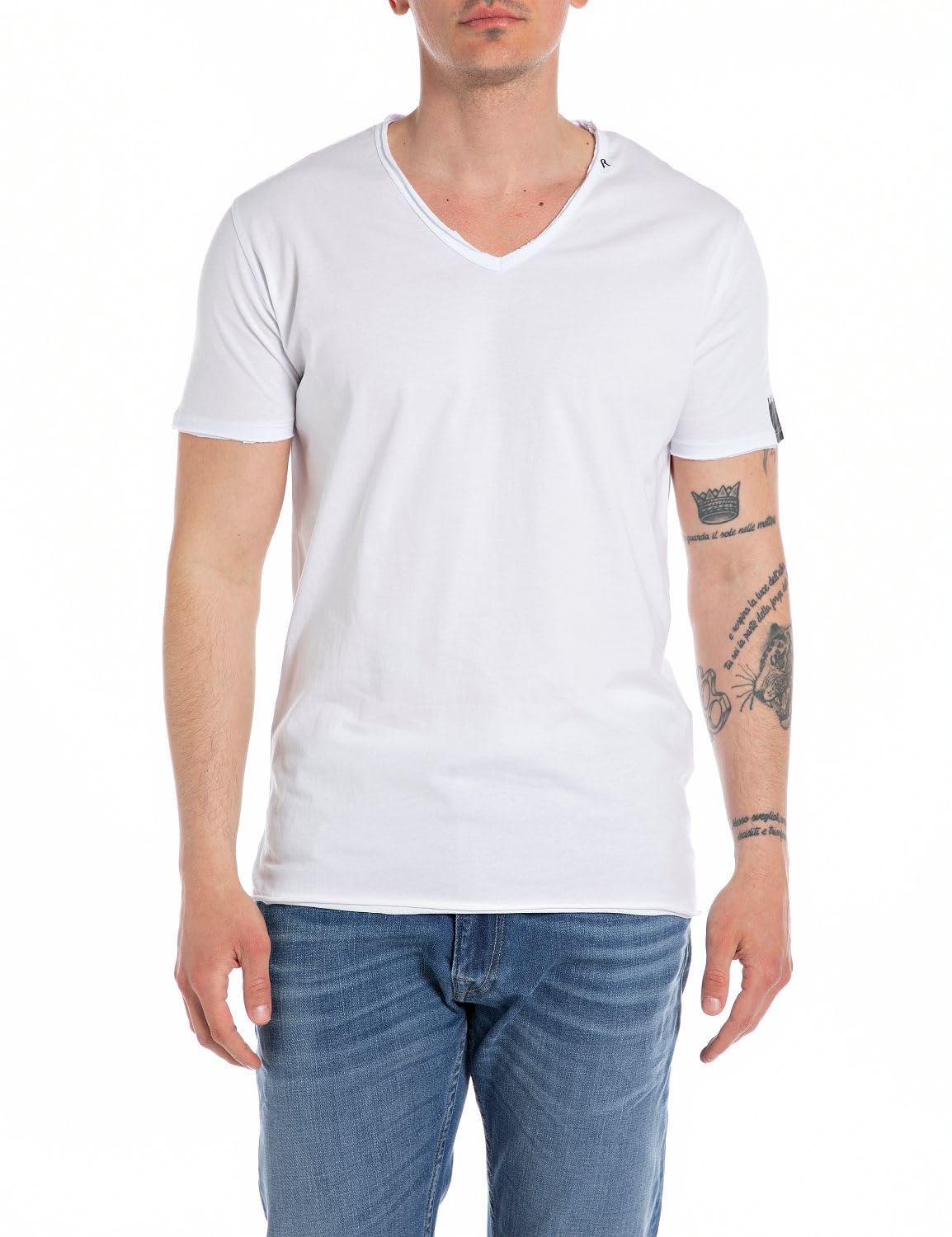 Replay Men's Optical White 001 T-Shirt Short Sleeve With V-Neck Neckline, White (Optical White 001), L