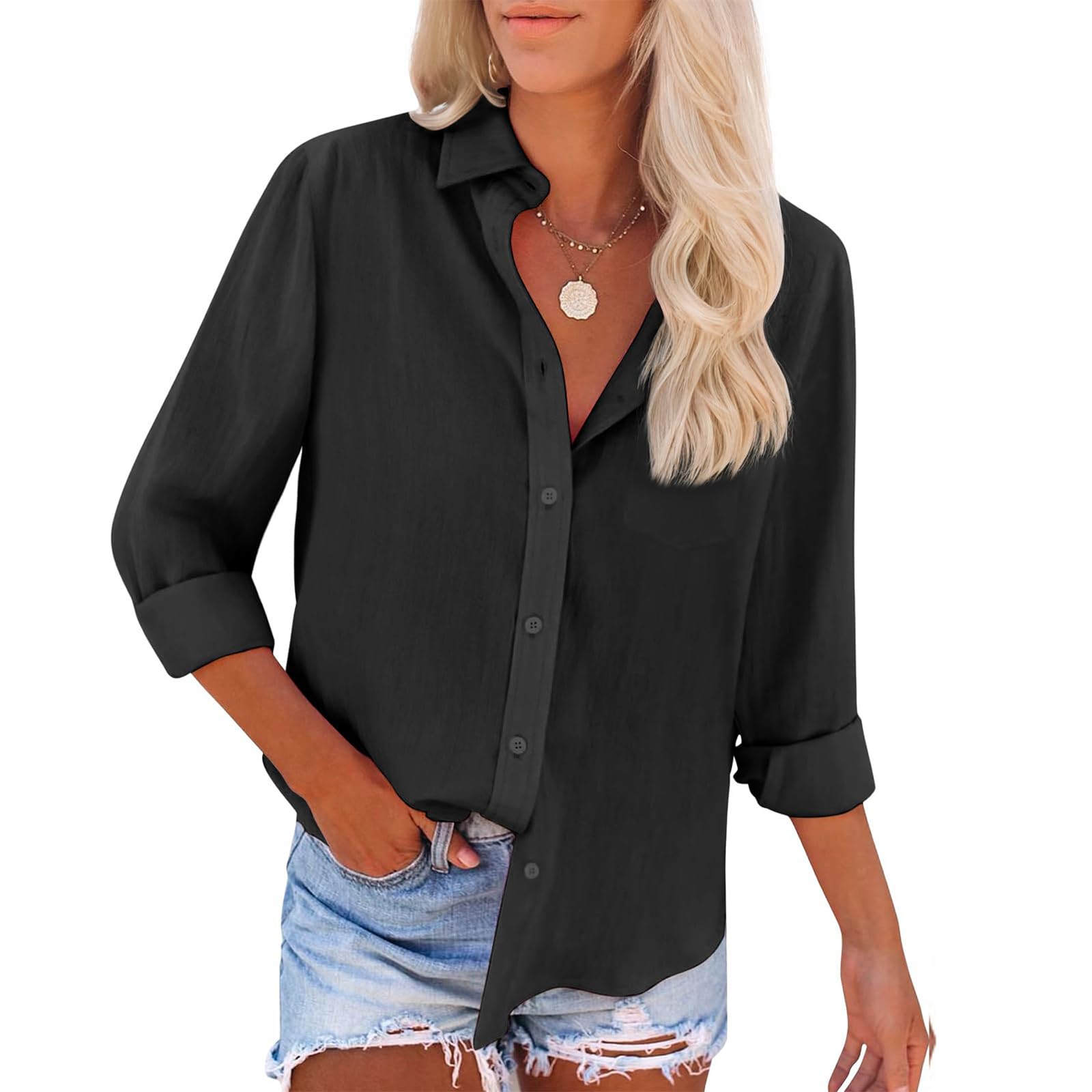 IPMQ Womens Button Down Shirts Cotton Wrinkle Free Long Sleeve Tops Solid Stretch Dress Shirts Casual Work Office Blouses