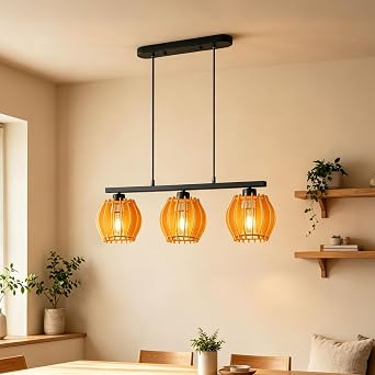 3-Light Pendant Light, 60W Wooden Lantern Ceiling Pendant Lights, Vintage Linear Hanging Lamp, E27 Base Hanging Fixture for Kitchen Island Dining Room Living Room, Bulbs Not Included [Energy Class E]