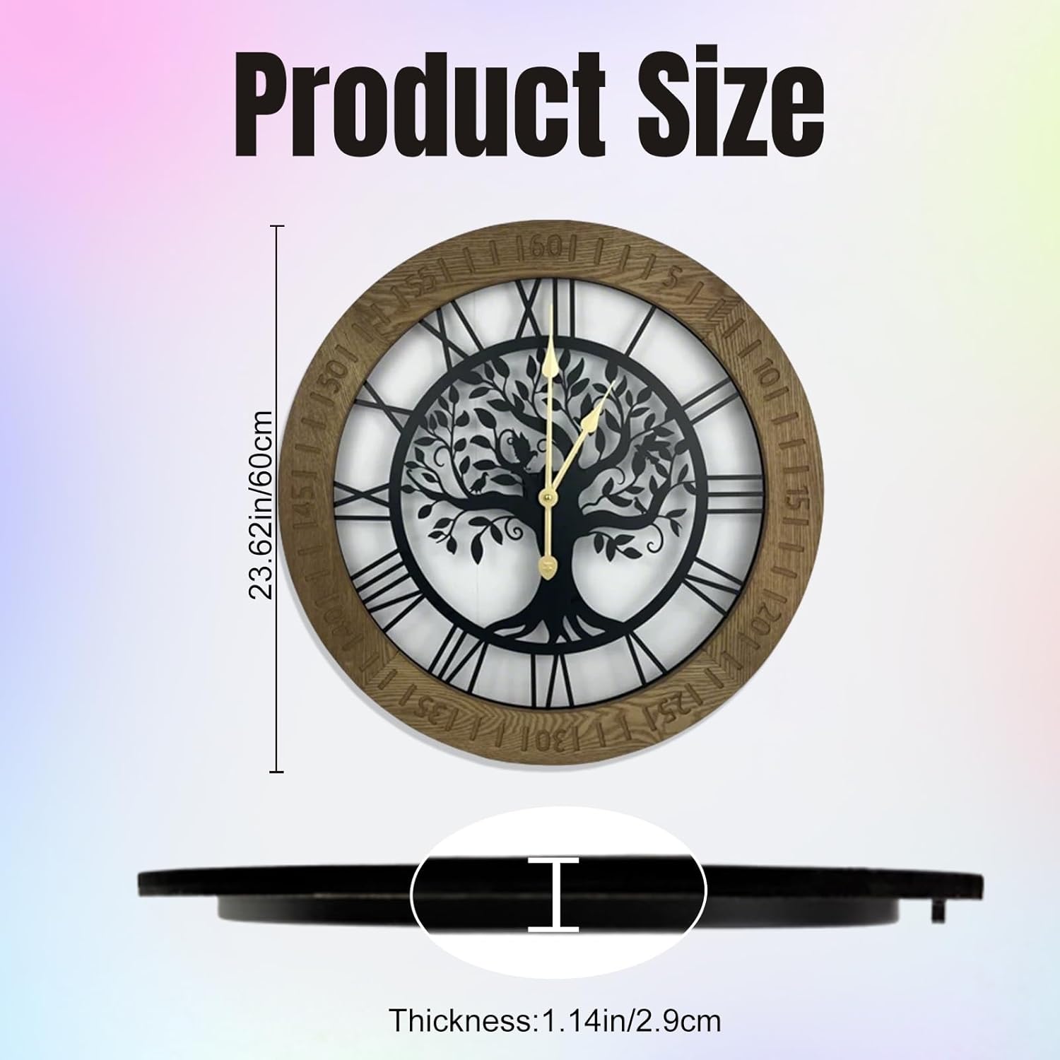24 Inch Large Wall Clock, Tree of Life Wall Clock, Modern Wood & Metal Decorative Clocks, Quiet Quartz Movement, Moisture and Rust Proof, House Decor for Living Room, Bedroom, Office