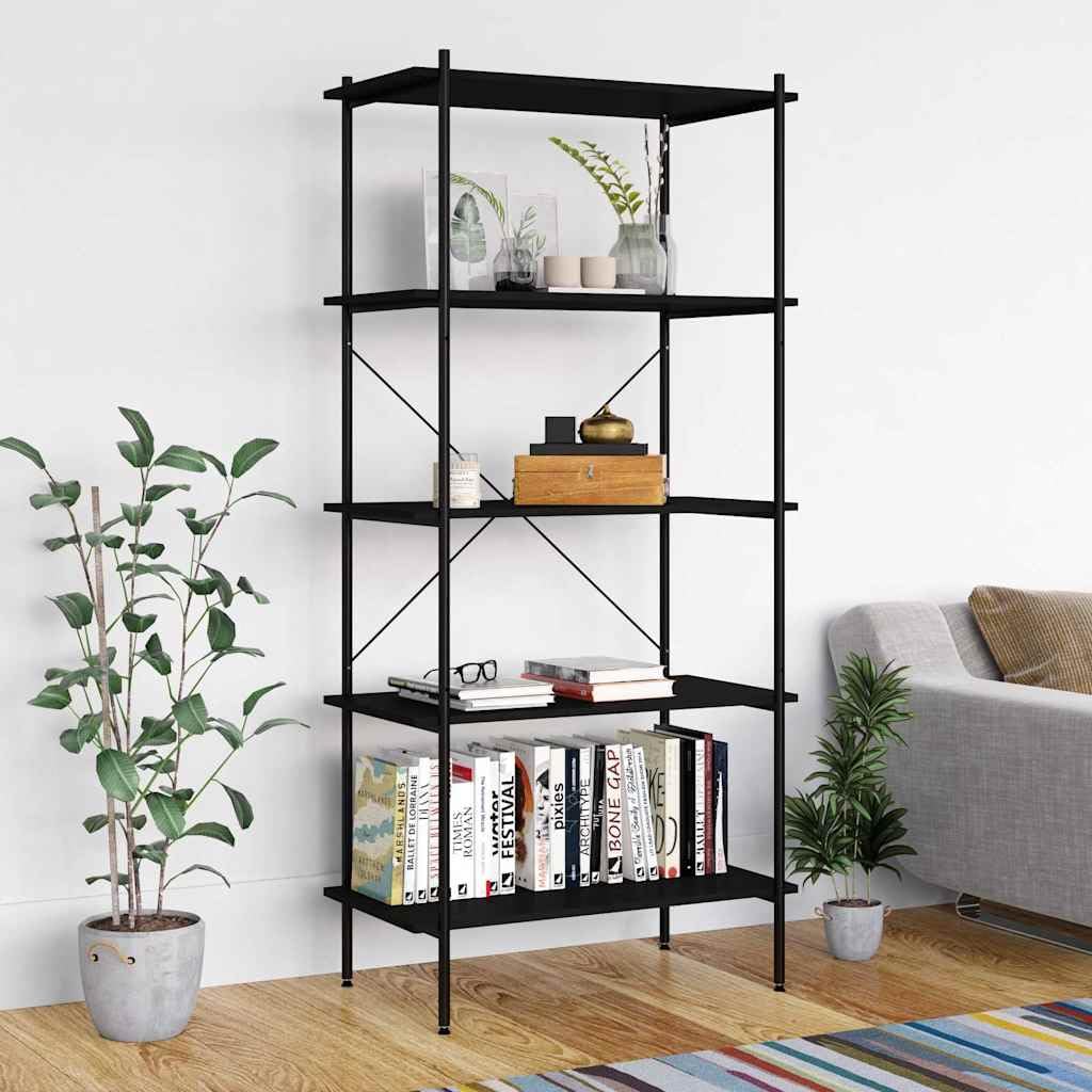 Scaffale nero con 5 ripiani, 80 x 40 x 163 cm, per ufficio e soggiorno | Robusto scaffale in legno e acciaio con protezione antiribaltamento per studio, cantina e ufficio.