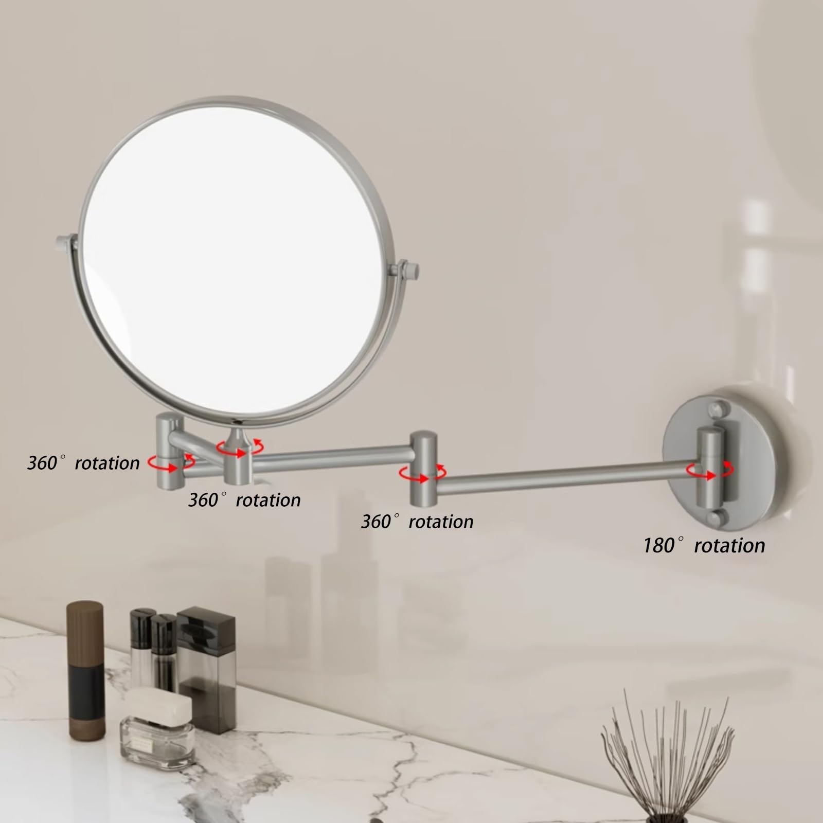 Espejo De Maquillaje Montado En La Pared De 8 Pulgadas con Aumento De 5X Y Brazo Extensible, Doble Cara con Mecanismo Giratorio De 360 Grados(Grey)