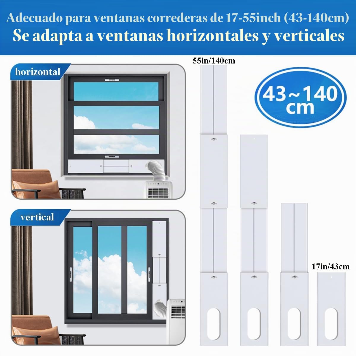 Kit de ventilación de ventanas de aire acondicionado portátil, kit de ventana de CA portátil, longitud ajustable de 43 a 144 cm
