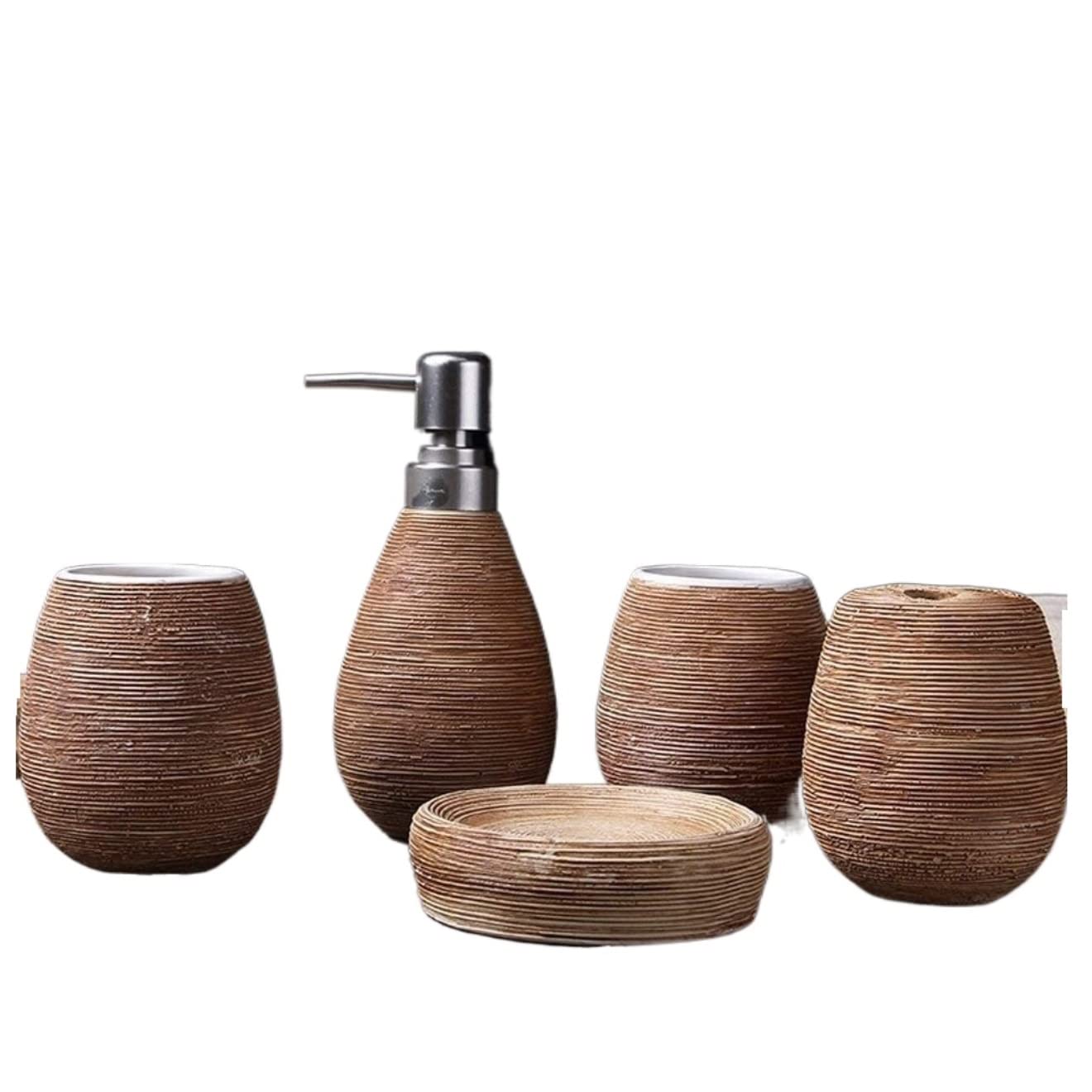 Badezimmer Set Creative Manual Keramik-Badezimmer-Set Im Europäischen Stil, 5-teiliges Badezimmerzubehör-Set Dekoration Organizer(Brown)