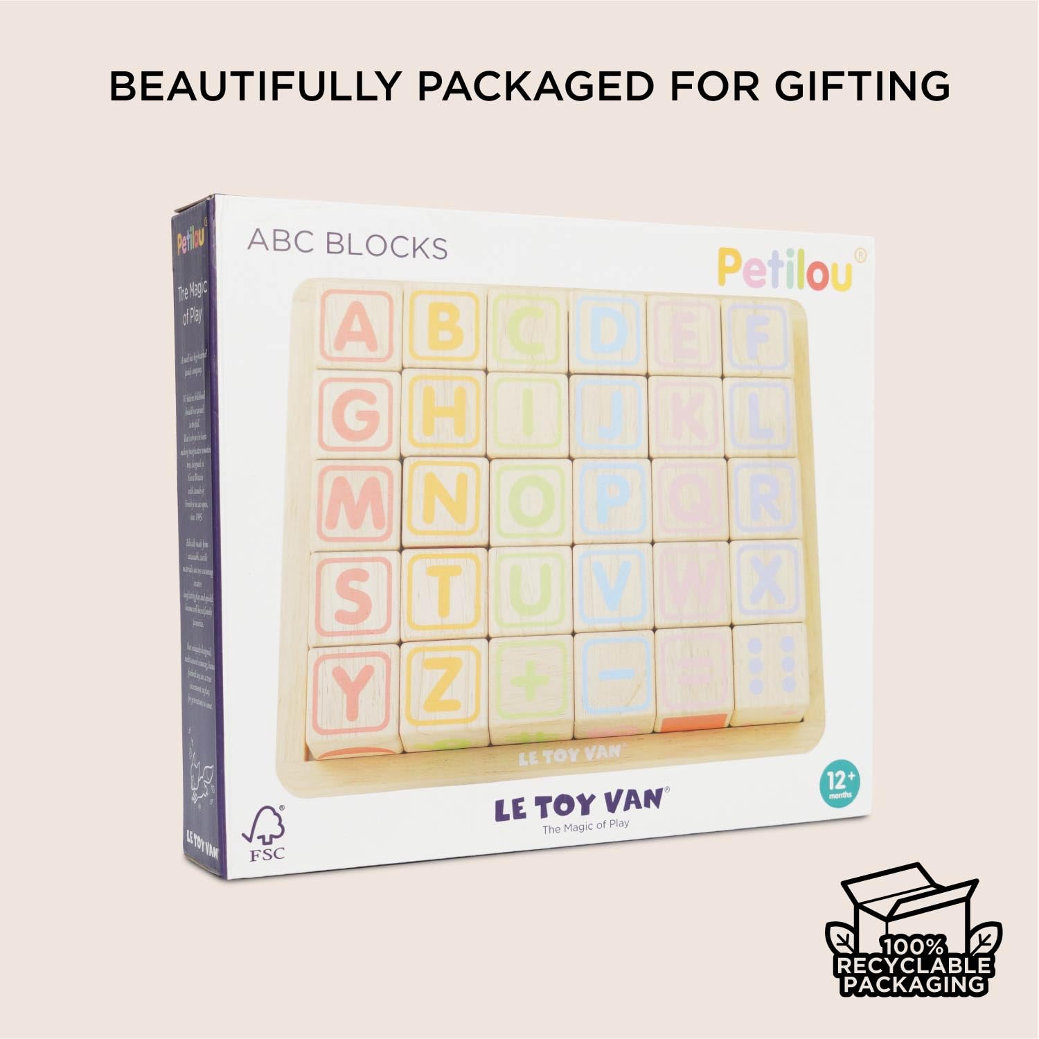 Le Toy Van Gioco educativo cubi in legno per bambini a partire da 1 anno, cubi alfabeto, Montessori, cubi impilabili con facce, puzzle 3D 30 pezzi, giocattolo ecologico, Petilou