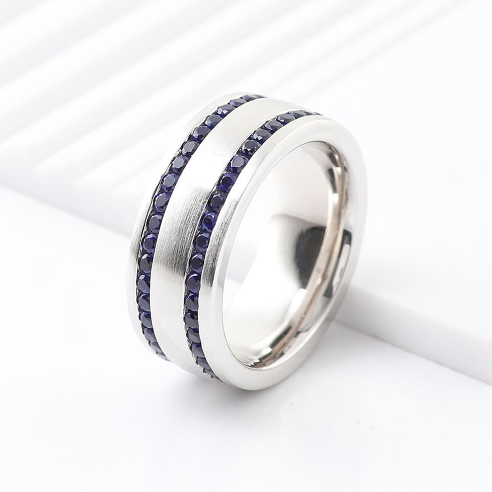 Alianzas decorativas para boda, anillo ancho, mate, cristal cepillado con zafiro redondo sintético