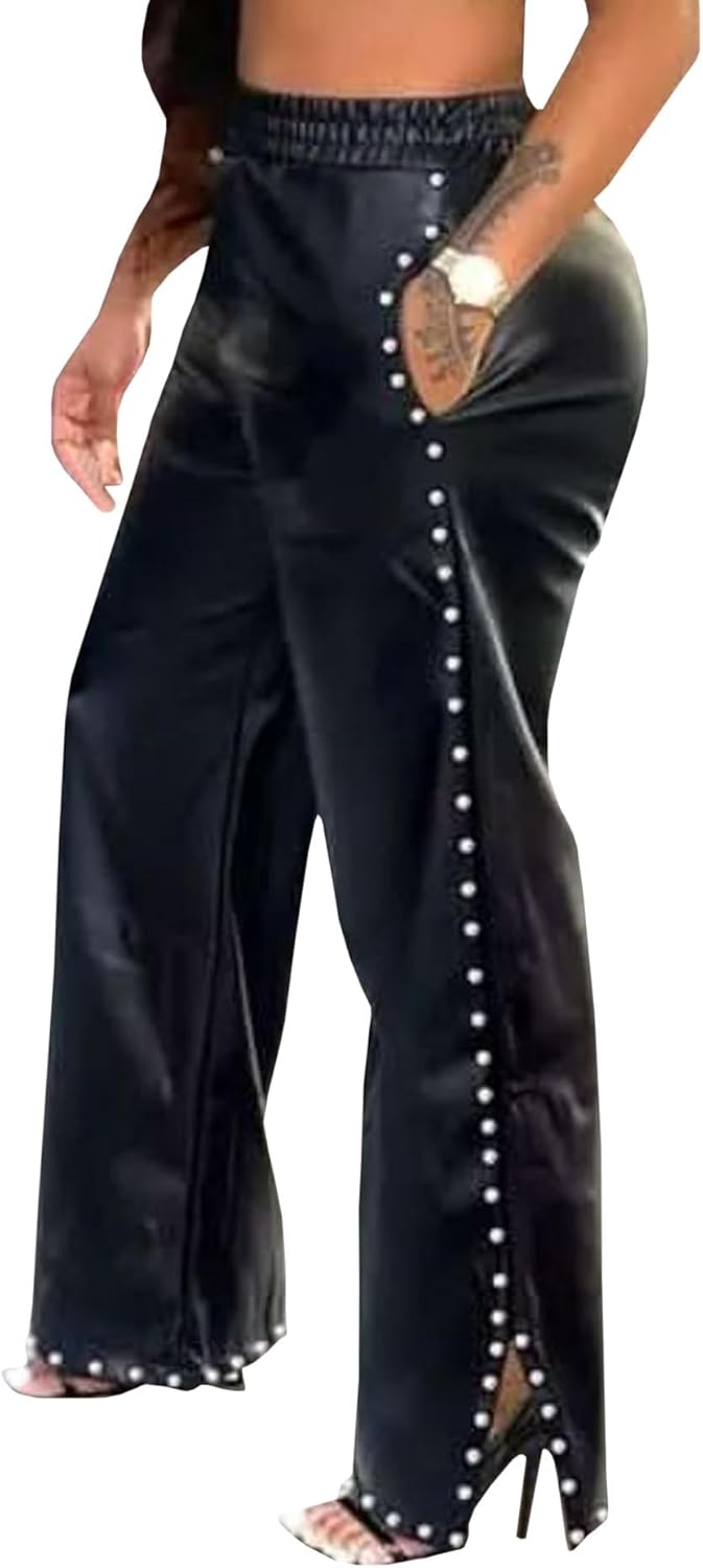 SEMATOMALA Women's Wide Leg Faux Leather Pants Rivets Slit Elastic Waist Flare PU Trousers with Pockets