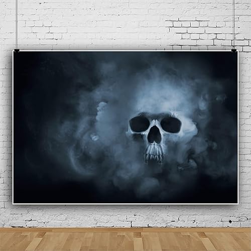 Miniatura 3 de Yeele Telón de fondo de fiesta de Halloween de 5 x 3 pies, fondo negro, calavera de niebla, fondo de vinilo, fotografía, telón de fondo aterrador,