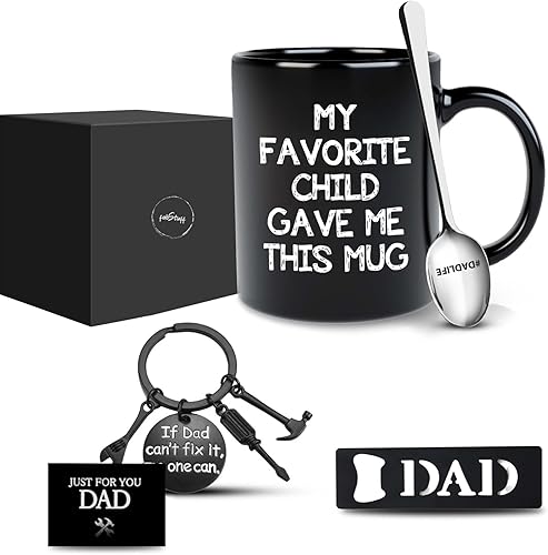 Juego de regalos para papá, 5 unidades, 100% cerámica, taza de café de 11 onzas con llavero a juego, abridor de botellas grabado, cuchara, tarjeta,