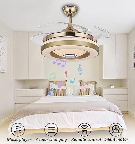 Miniatura 2 de Ventilador de techo Bluetooth de 42 pulgadas con luz y música de altavoz, 7 colores regulables LED retráctiles con iluminación de techo remota para