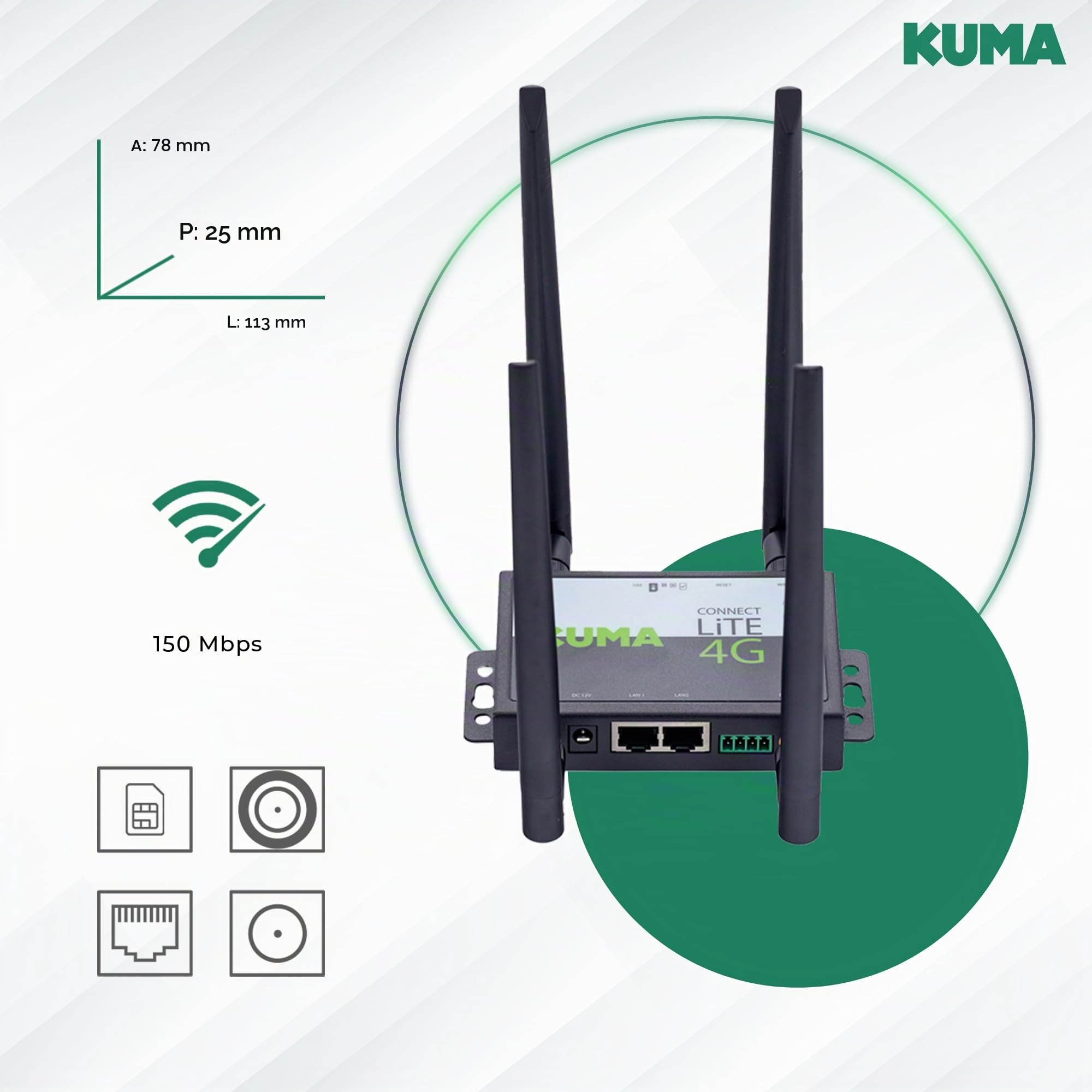 Router 4G KUMA CONNECT LiTE con slot SIM sbloccato - Router WiFi portatile 150 Mbps per casa giardino ufficio viaggio backup personale - Hotspot Internet mobile LTE - Plug&Play - 12V DC/240V AC