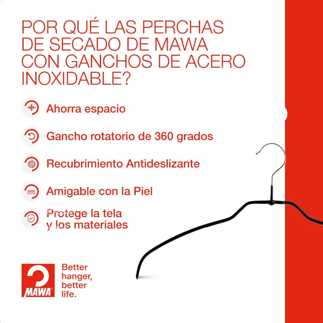 MAWA Perchas, Set de 20 Perchas Ahorra Espacio y Antideslizantes, Gancho Giratorio 360°, Ideales para Blusas, Camisas y Camisetas, 36 cm, Blanco, Fabricadas en Alemania