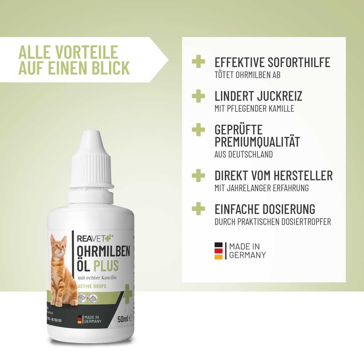 ReaVET Aceite para Ácaros de Oído Plus 50ml - Tratamiento rápido para Gatos contra ácaros de oído, con manzanilla, Alivia la picazón y Limpia Suavemente los oídos. Gotas para oídos y Limpiador