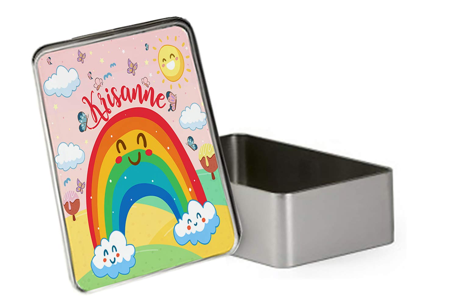 Giftme Rectangular Personalised Butterfly With Rainbow Cloud Art Portable Metal Tin Storage Box Biscuit Chocolate Tin Emergency Stuff Tin Birthday Present. (Rectangular)